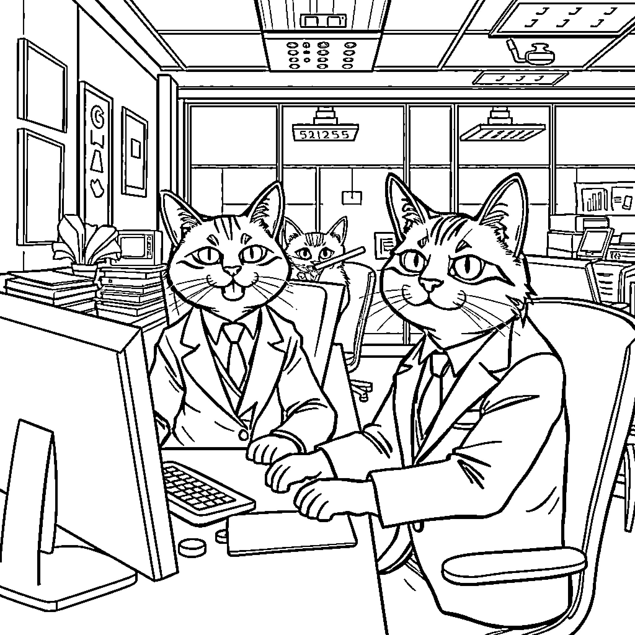 Cats Working in an Office Coloring Page (free black-and-white line drawing printable PDF for all, from beginners to advanced learners, including children, teens, adults, and seniors)