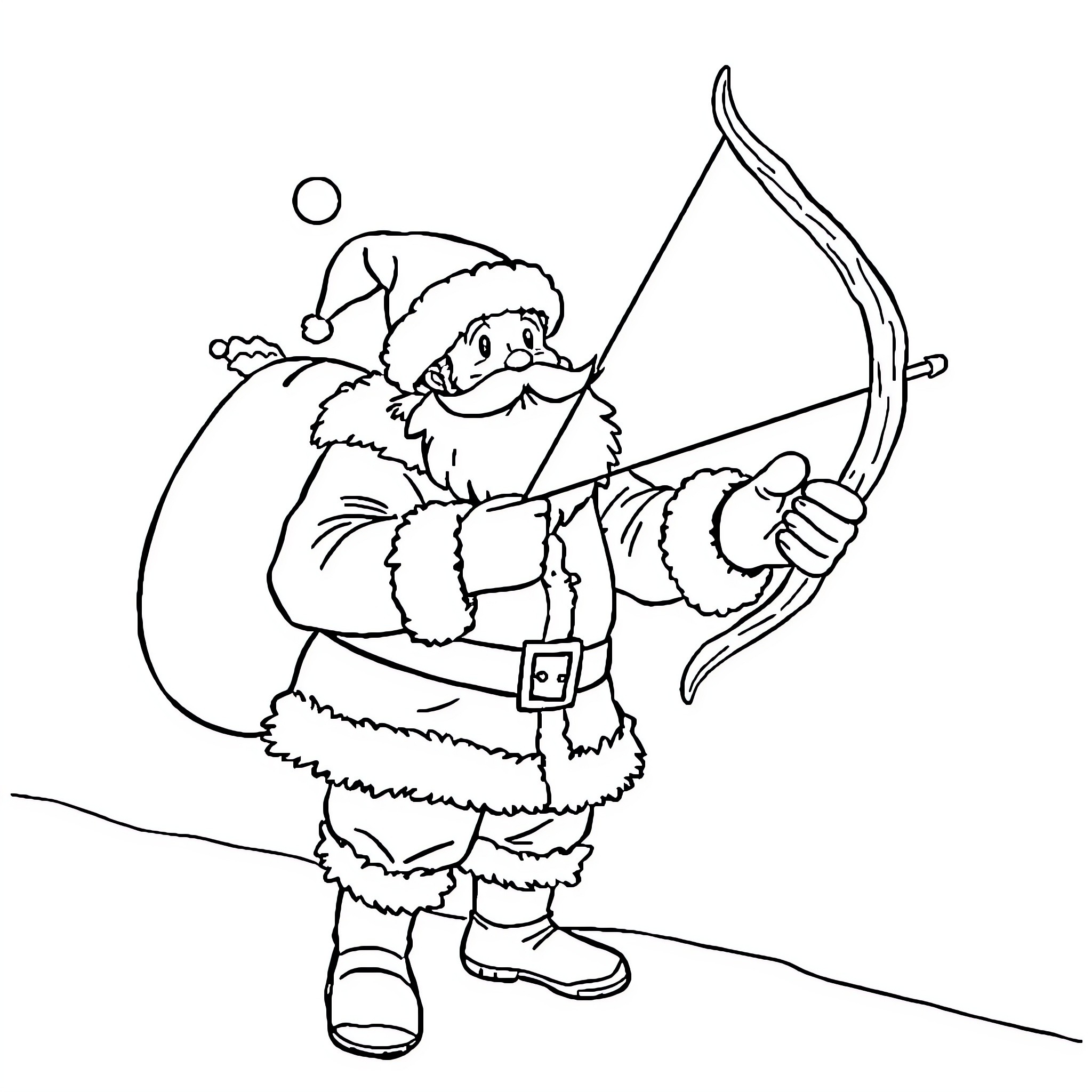 Santa Claus preparing to shoot his bow and arrow Coloring Page (free black-and-white line drawing printable PDF for all, from beginners to advanced learners, including children, teens, adults, and seniors)