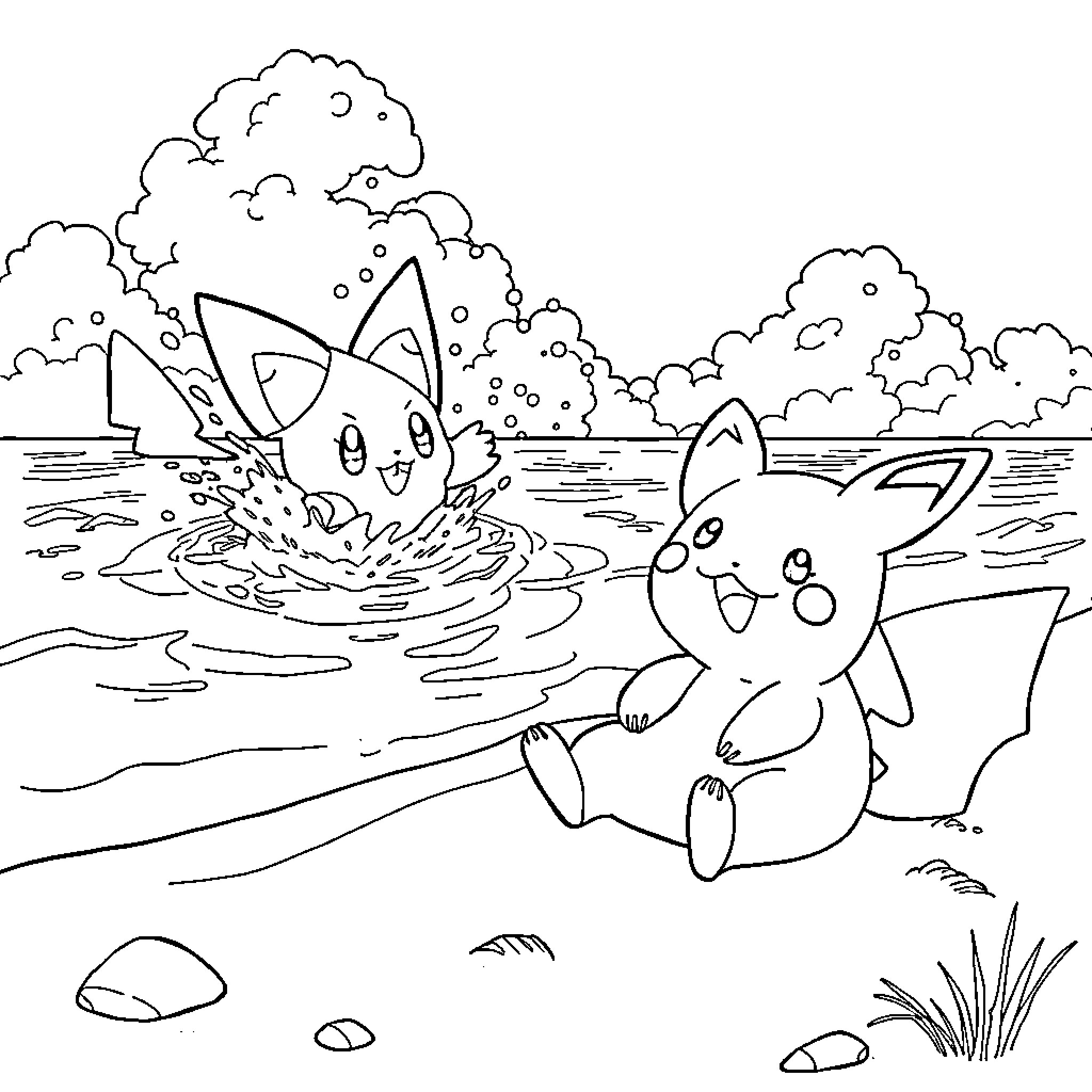 Staryu and Pikachu playing in the lake Coloring Page (free black-and-white line drawing printable PDF for all, from beginners to advanced learners, including children, teens, adults, and seniors)