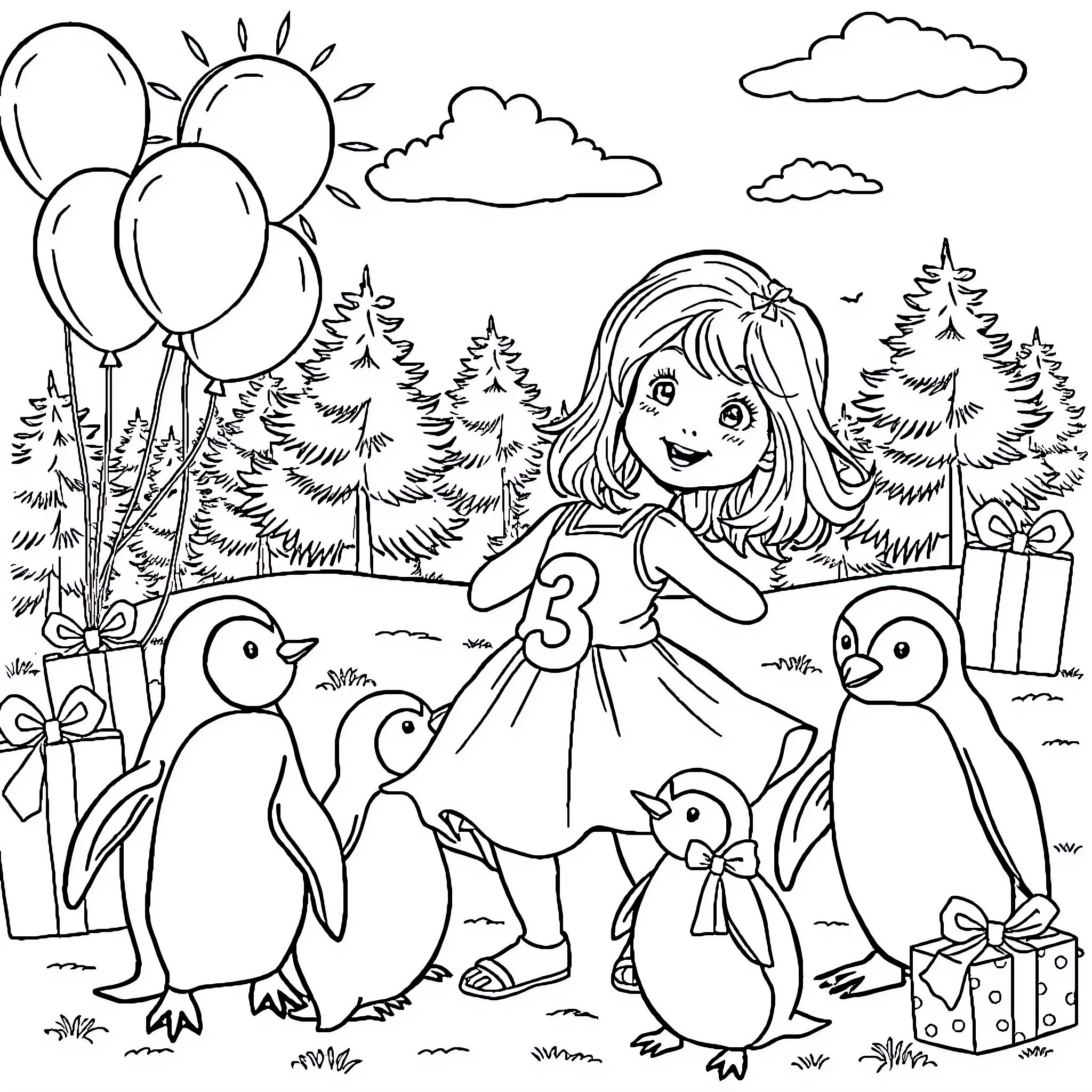 Girl surrounded by playful penguins and gifts in nature Coloring Page (free black-and-white line drawing printable PDF for all, from beginners to advanced learners, including children, teens, adults, and seniors)