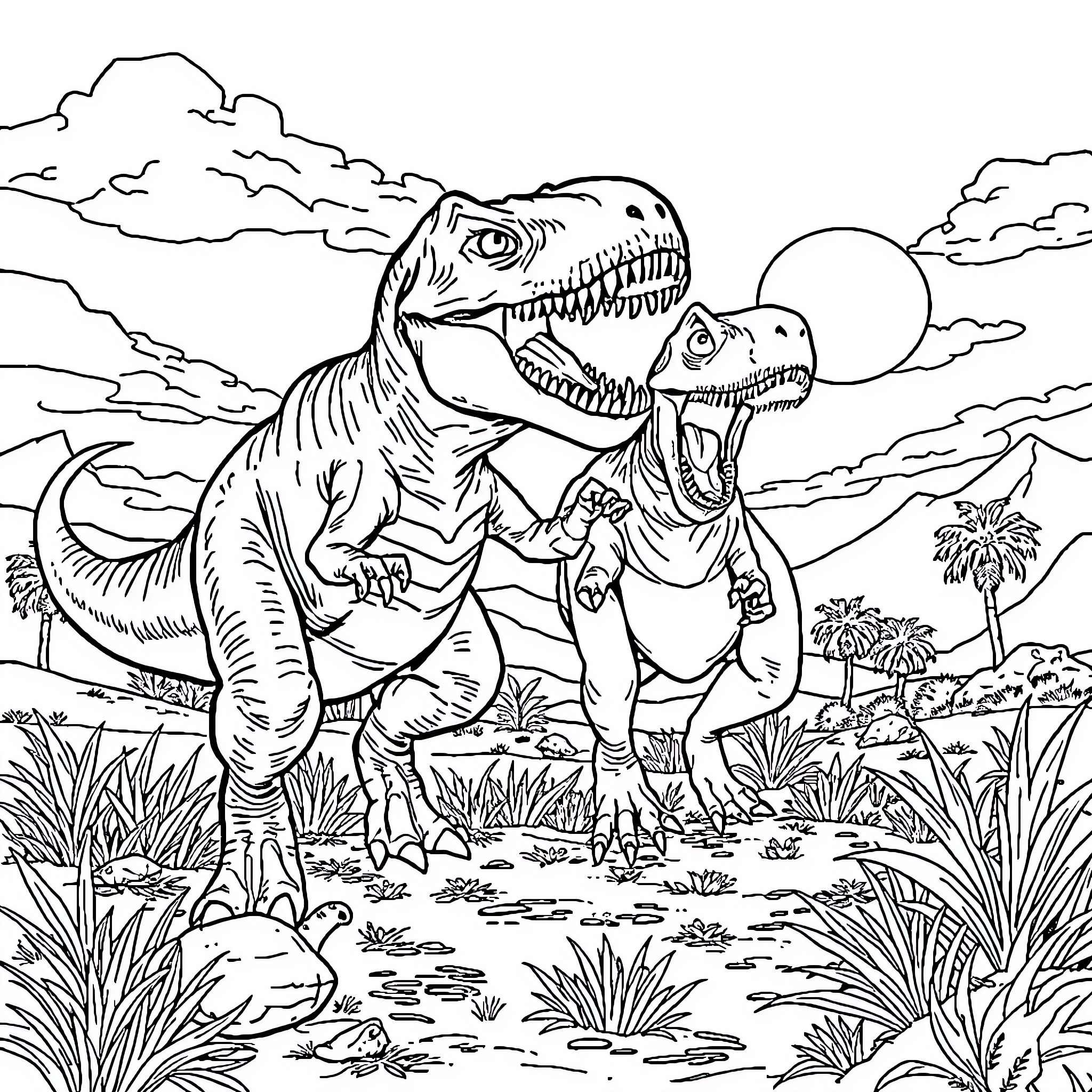 T-Rex Duo Roaming in Prehistoric Landscape Coloring Page (free black-and-white line drawing printable PDF for all, from beginners to advanced learners, including children, teens, adults, and seniors)