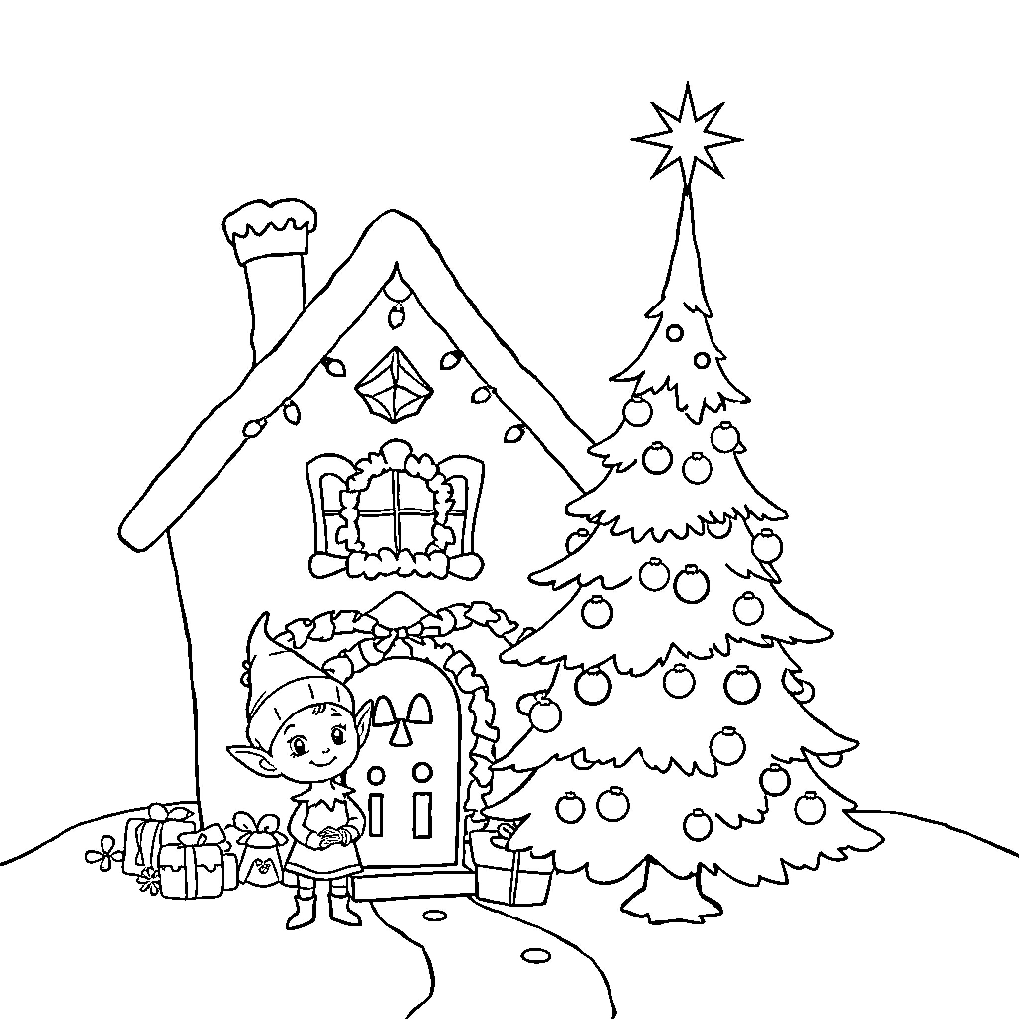 Christmas with a Festively Decorated Home and Tree Coloring Page (free black-and-white line drawing printable PDF for all, from beginners to advanced learners, including children, teens, adults, and seniors)
