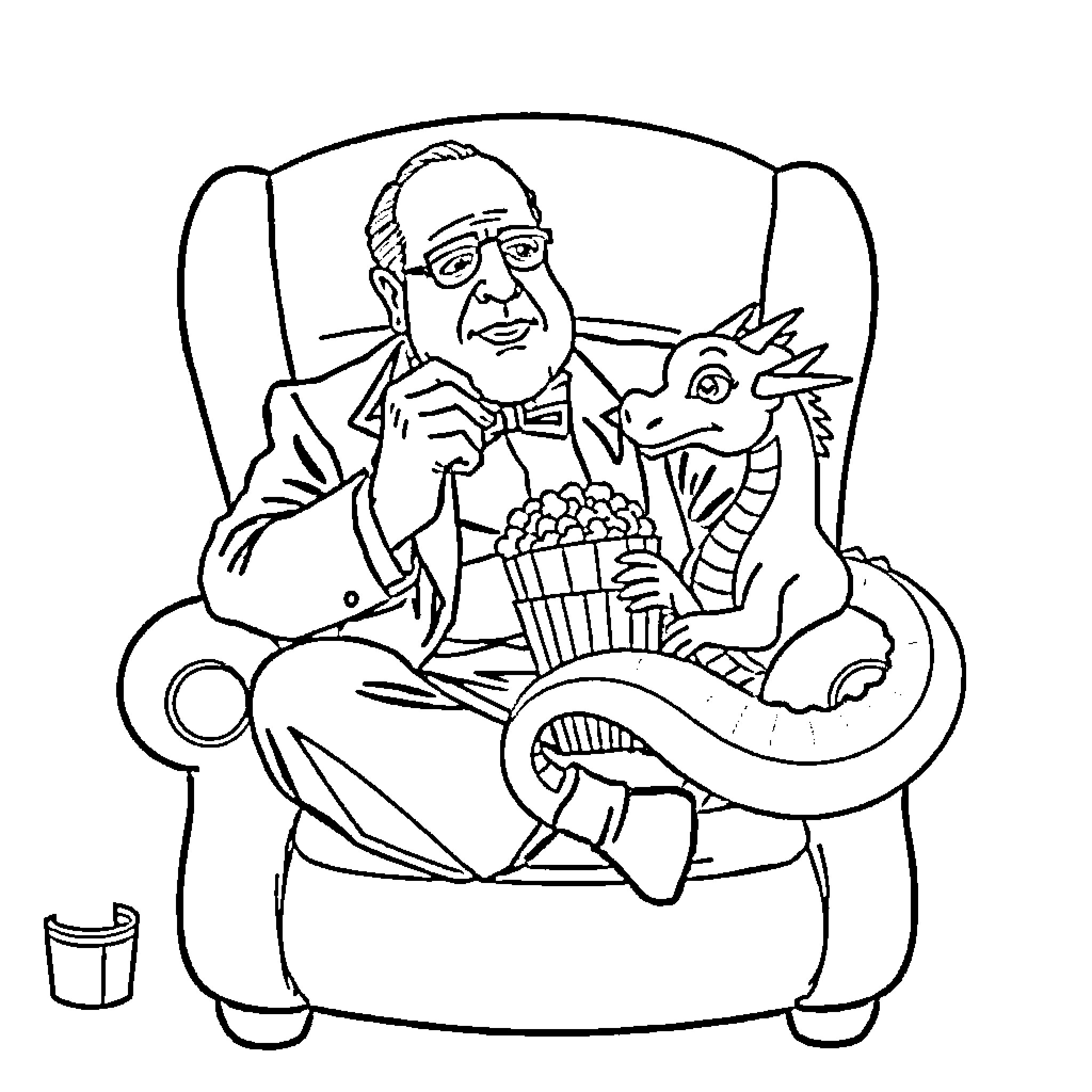 Godfather Relaxing with Popcorn and Dragon Companion Coloring Page (free black-and-white line drawing printable PDF for all, from beginners to advanced learners, including children, teens, adults, and seniors)