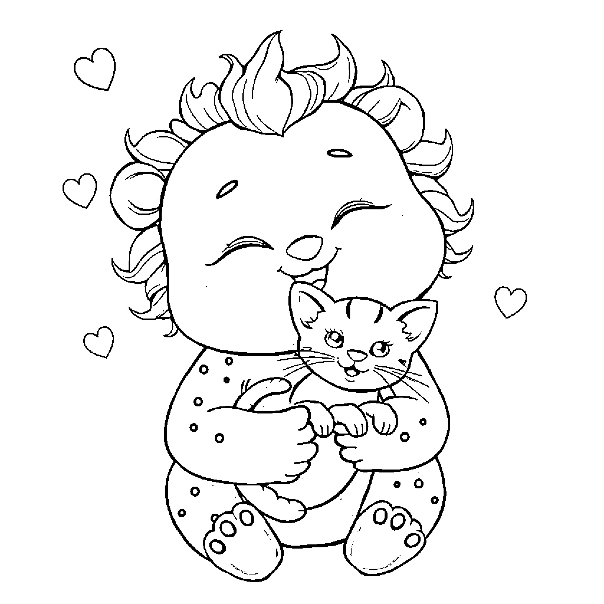 Bubu's Affectionate Embrace with Furry Friend Coloring Page (free black-and-white line drawing printable PDF for all, from beginners to advanced learners, including children, teens, adults, and seniors)