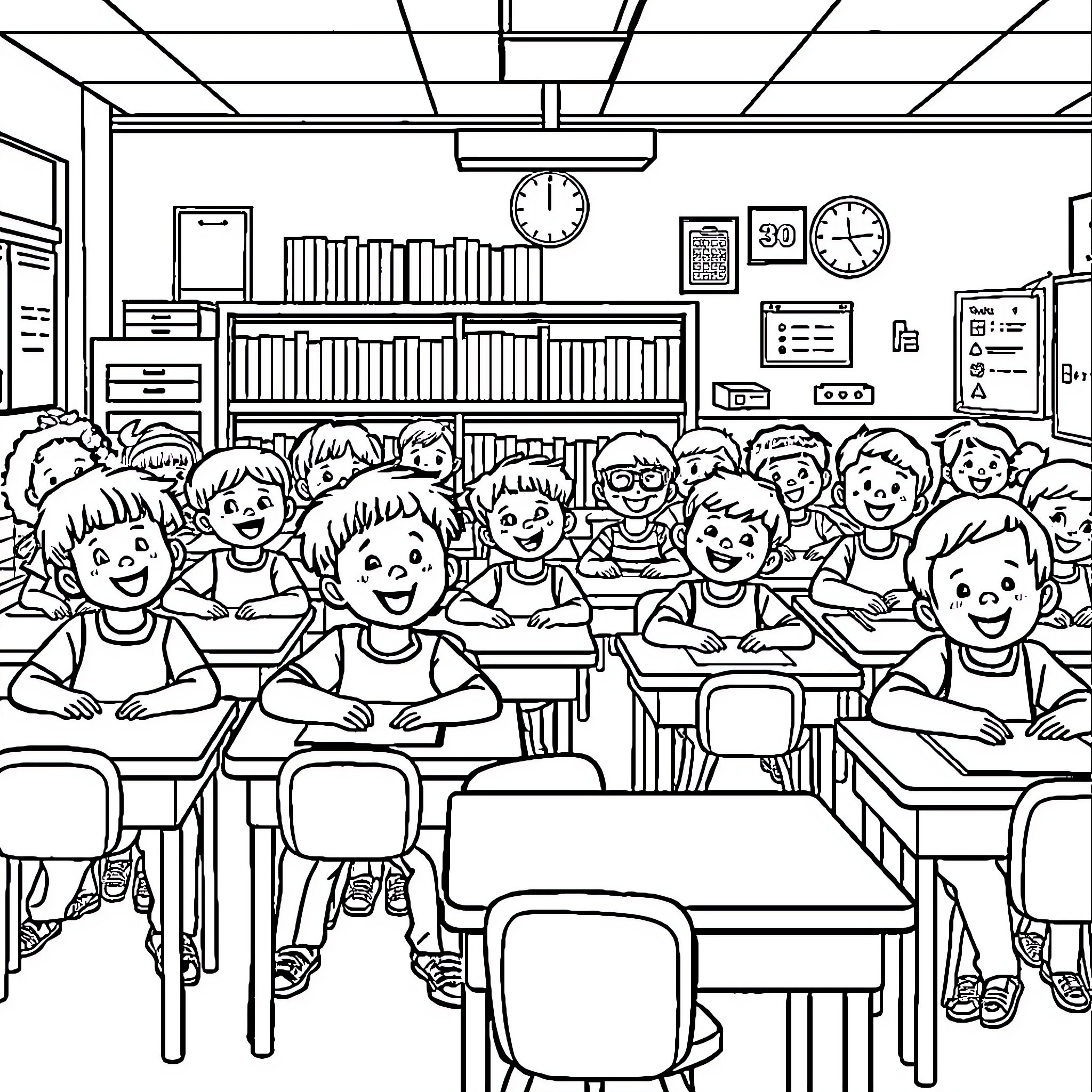 Children in an Animated Classroom Scene Coloring Page (free black-and-white line drawing printable PDF for all, from beginners to advanced learners, including children, teens, adults, and seniors)