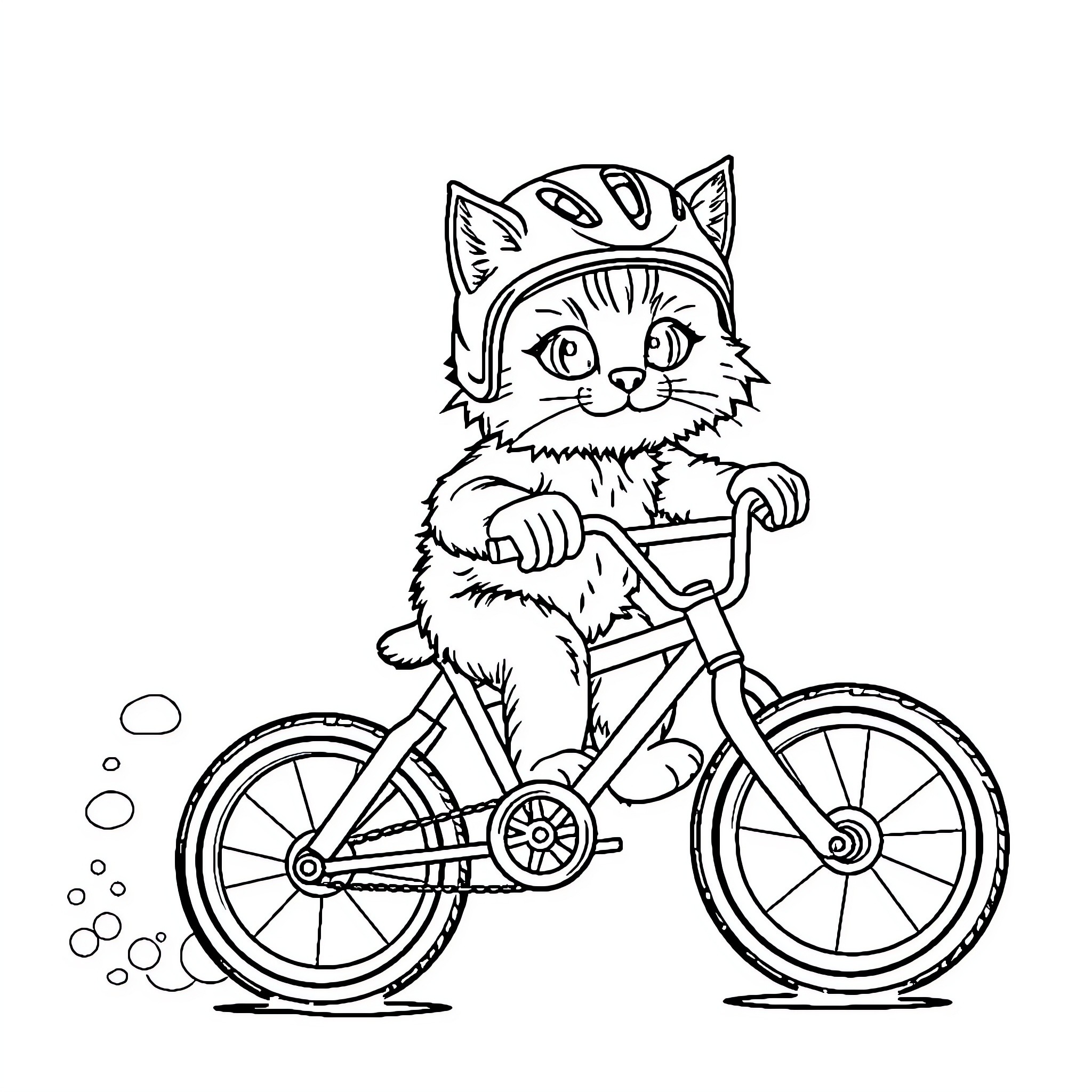 Cat riding a bicycle with helmet Coloring Page (free black-and-white line drawing printable PDF for all, from beginners to advanced learners, including children, teens, adults, and seniors)