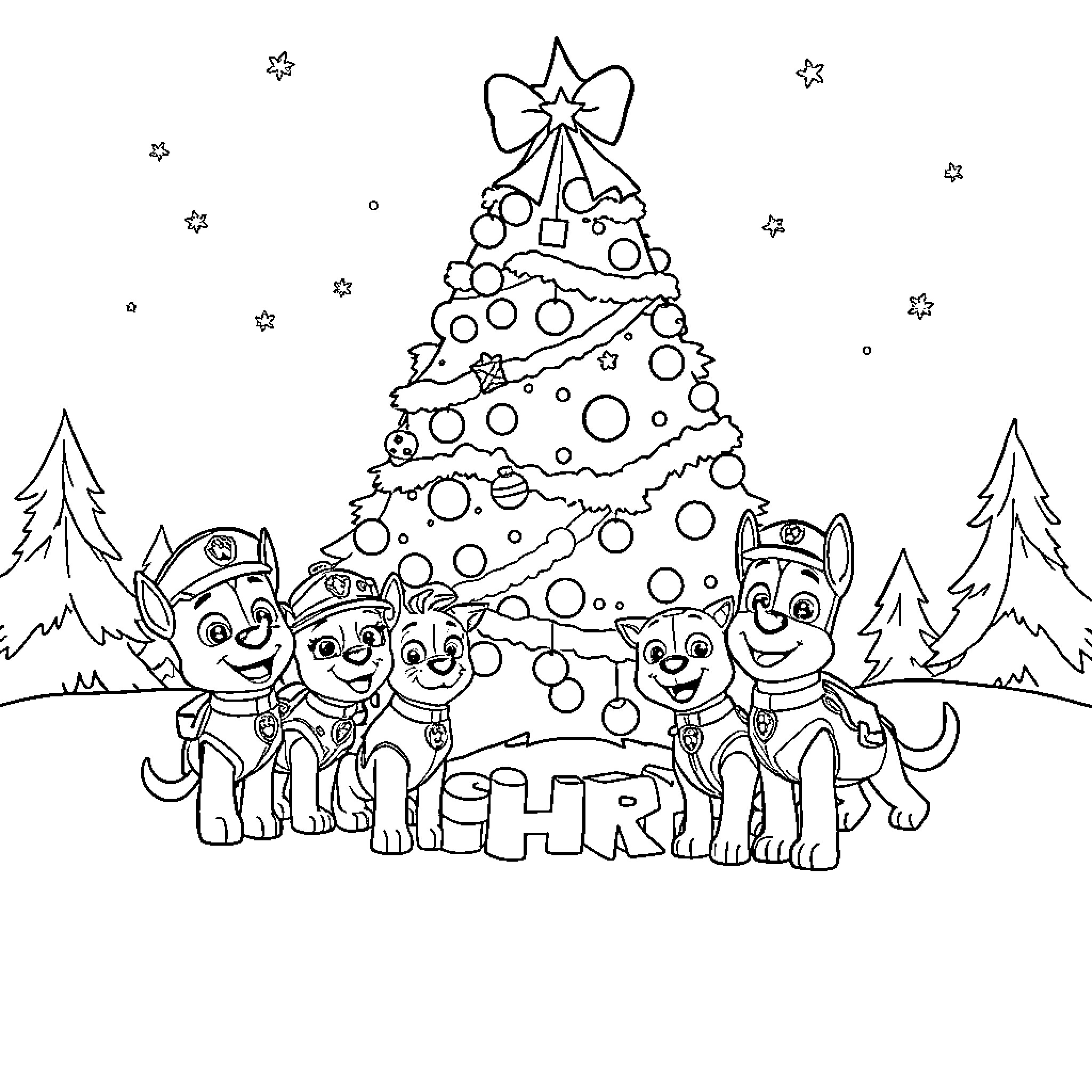 Paw Patrol Celebrate Christmas with Decorated Tree Coloring Page (free black-and-white line drawing printable PDF for all, from beginners to advanced learners, including children, teens, adults, and seniors)