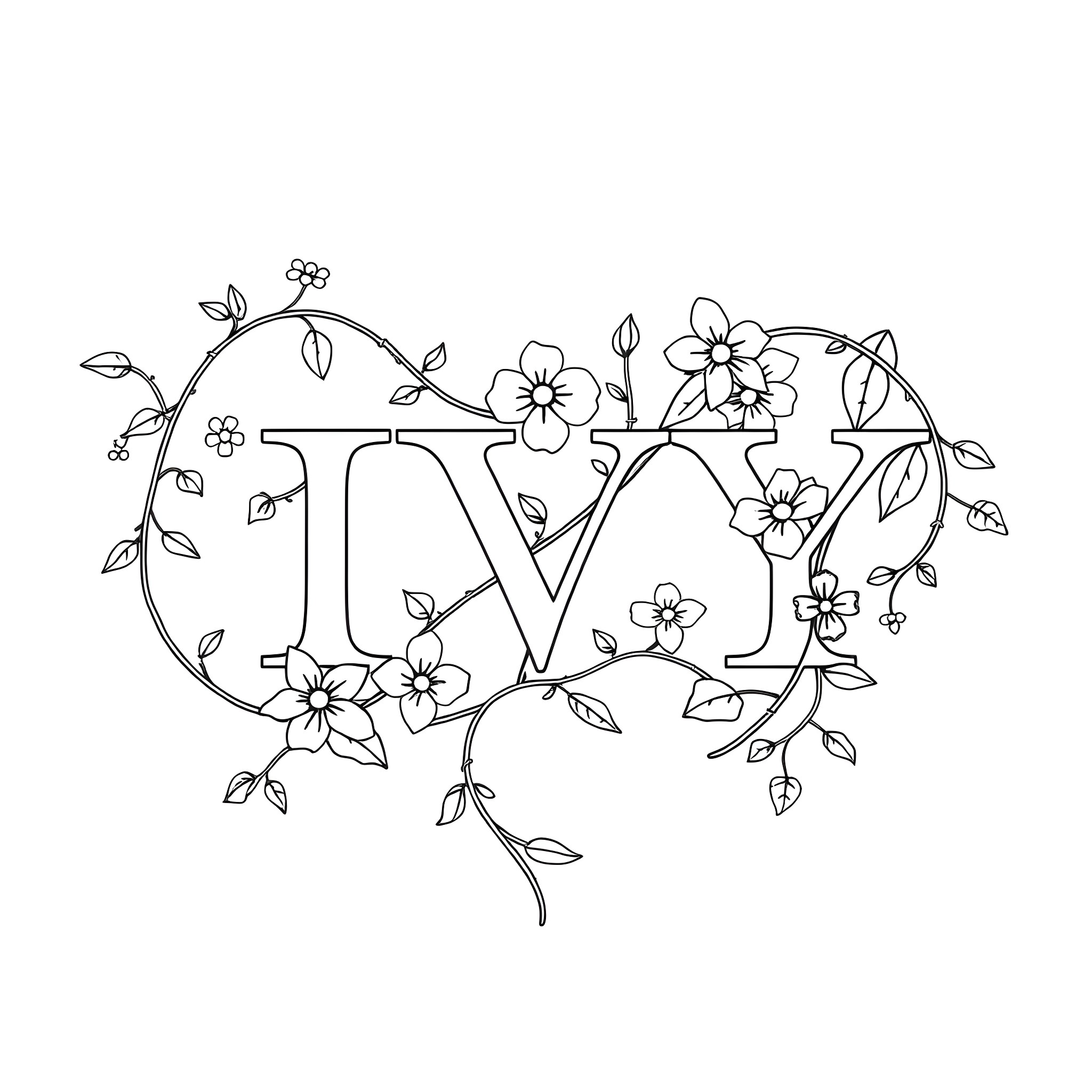 Ivy with Floral Designs and Letters Coloring Page (free black-and-white line drawing printable PDF for all, from beginners to advanced learners, including children, teens, adults, and seniors)