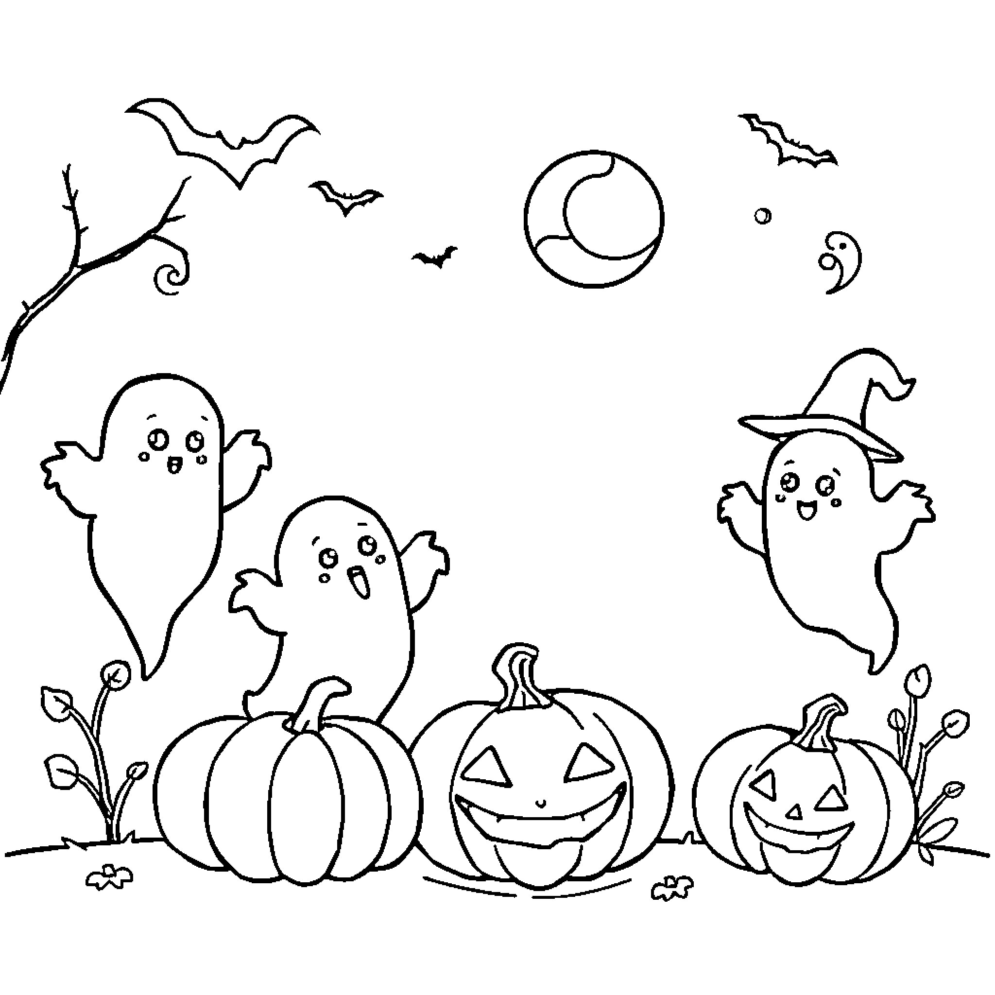Halloween ghosts and pumpkins in the night Coloring Page (free black-and-white line drawing printable PDF for all, from beginners to advanced learners, including children, teens, adults, and seniors)