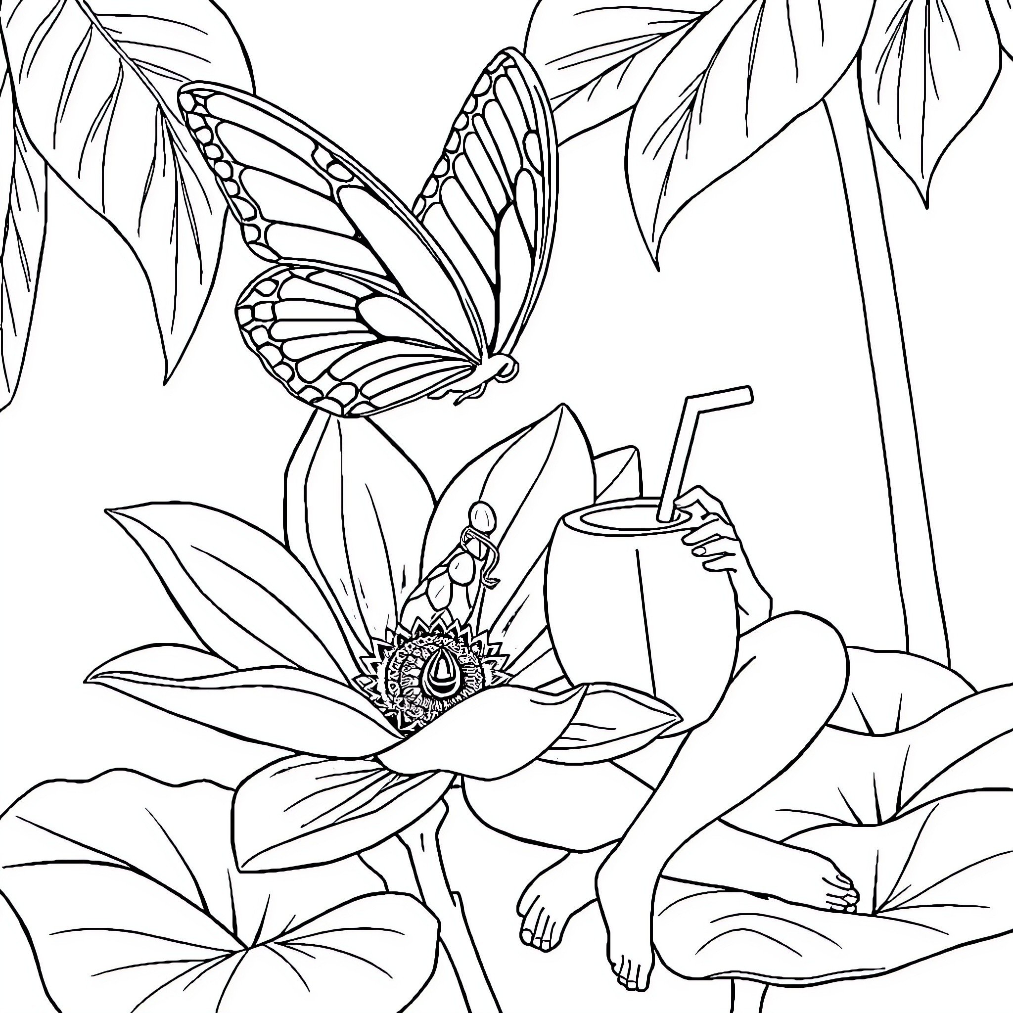 Butterfly Resting Amid Tropical Foliage Coloring Page (free black-and-white line drawing printable PDF for all, from beginners to advanced learners, including children, teens, adults, and seniors)