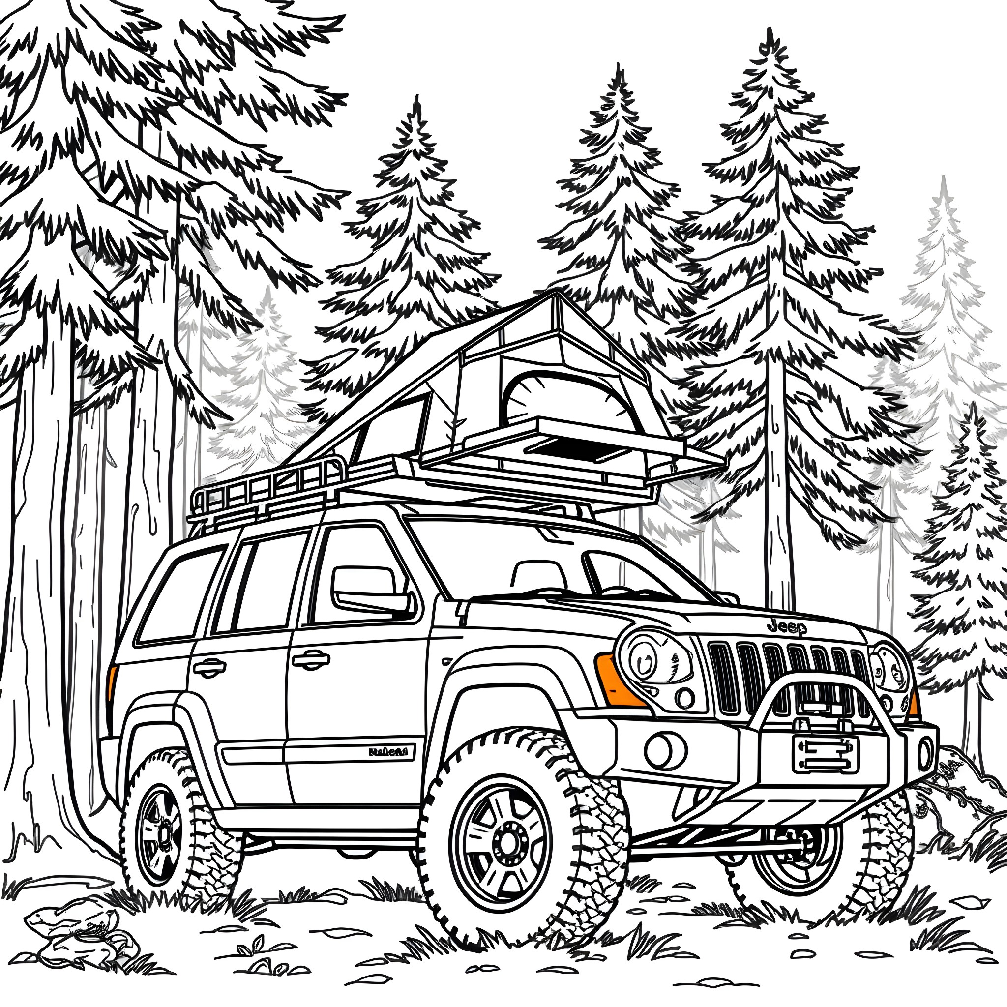 Tent and Rugged 4x4 Vehicle in Snowy Forest Coloring Page (free black-and-white line drawing printable PDF for all, from beginners to advanced learners, including children, teens, adults, and seniors)