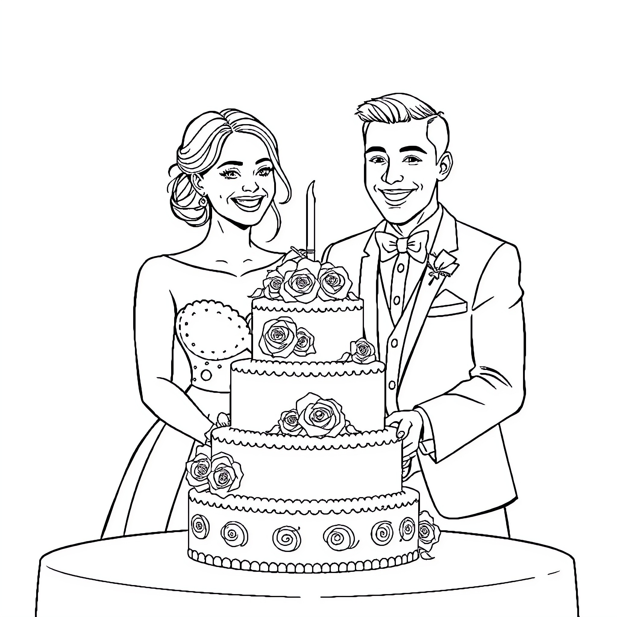Wedding Couple Celebrating with Elaborate Cake Coloring Page (free black-and-white line drawing printable PDF for all, from beginners to advanced learners, including children, teens, adults, and seniors)