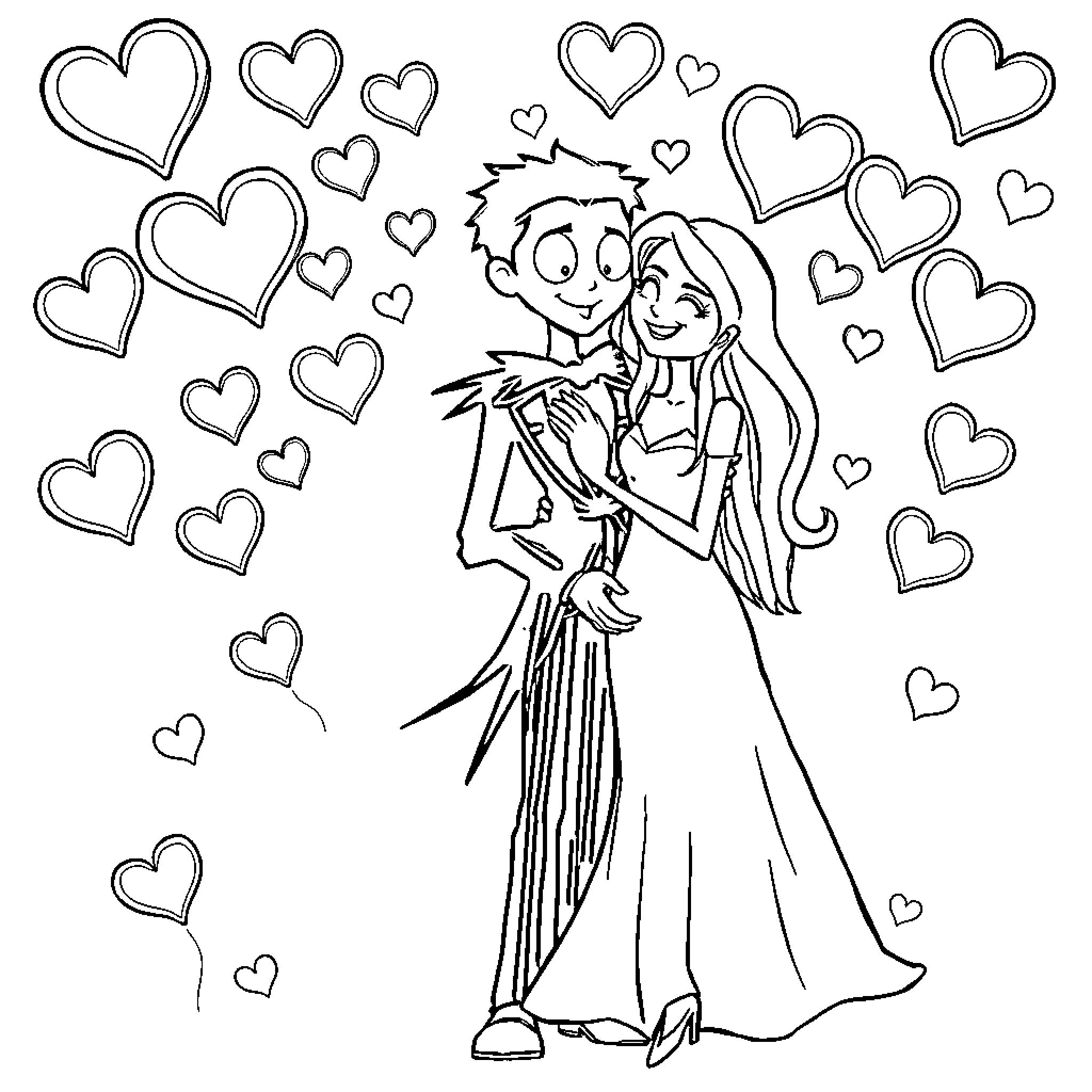 Jack and Sally's heartfelt embrace surrounded by love Coloring Page (free black-and-white line drawing printable PDF for all, from beginners to advanced learners, including children, teens, adults, and seniors)