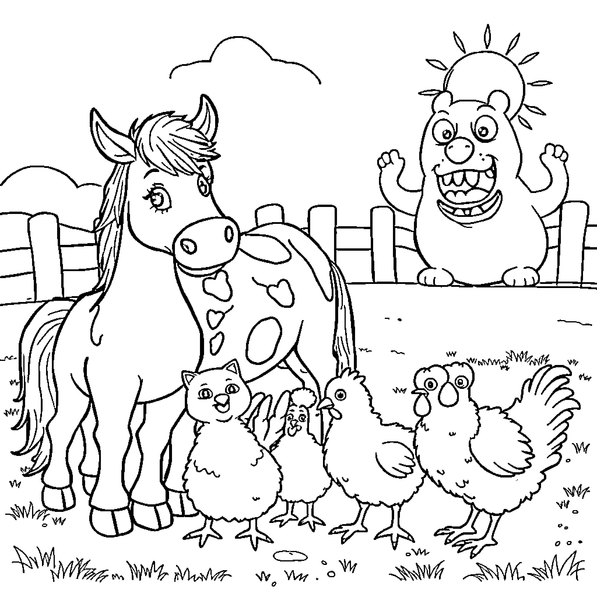 Pony and farm animals playing on sunny day Coloring Page (free black-and-white line drawing printable PDF for all, from beginners to advanced learners, including children, teens, adults, and seniors)