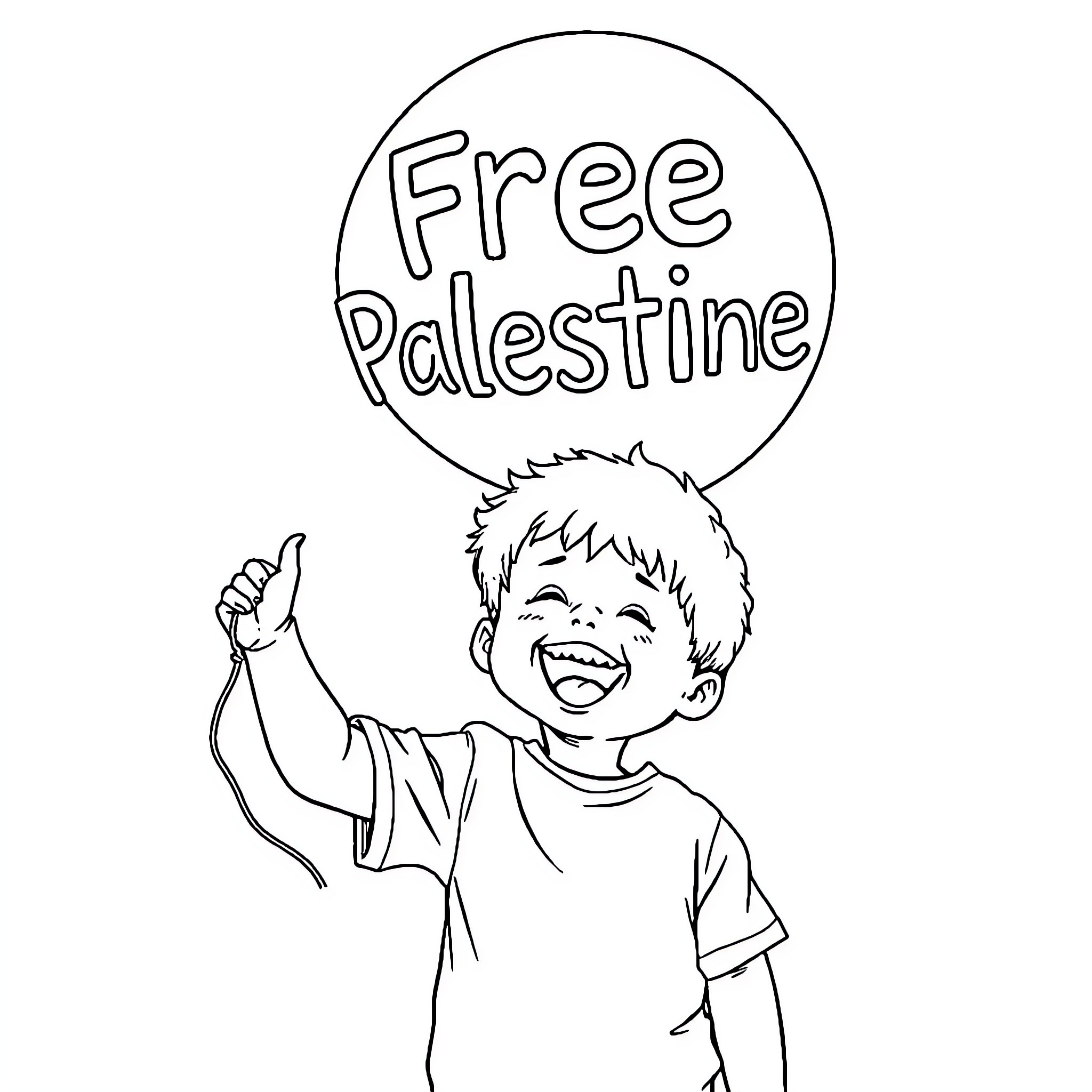 Child holding 'Free Palestine' sign with expression of joy Coloring Page (free black-and-white line drawing printable PDF for all, from beginners to advanced learners, including children, teens, adults, and seniors)