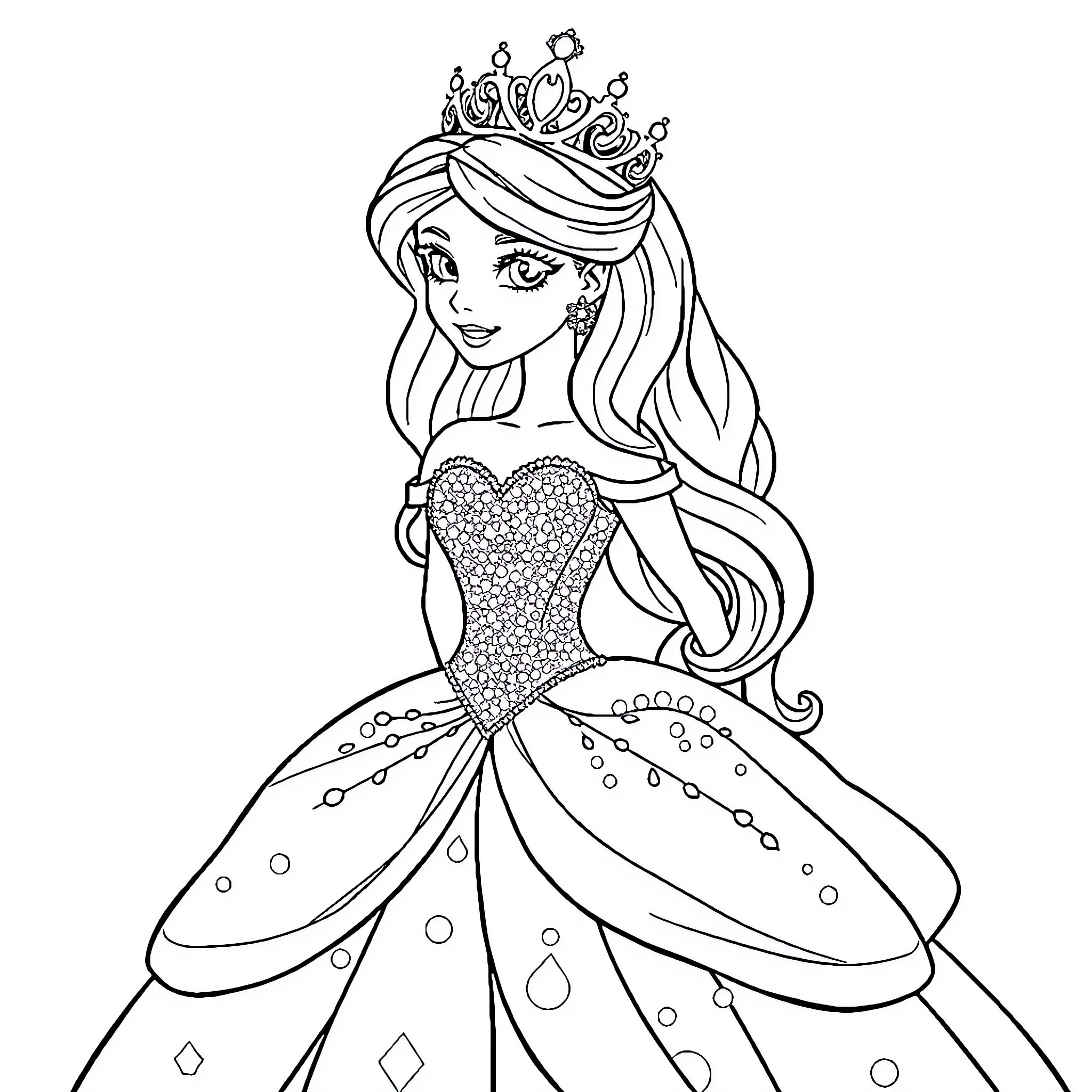 Princess posing gracefully in sparkling gown and crown Coloring Page (free black-and-white line drawing printable PDF for all, from beginners to advanced learners, including children, teens, adults, and seniors)