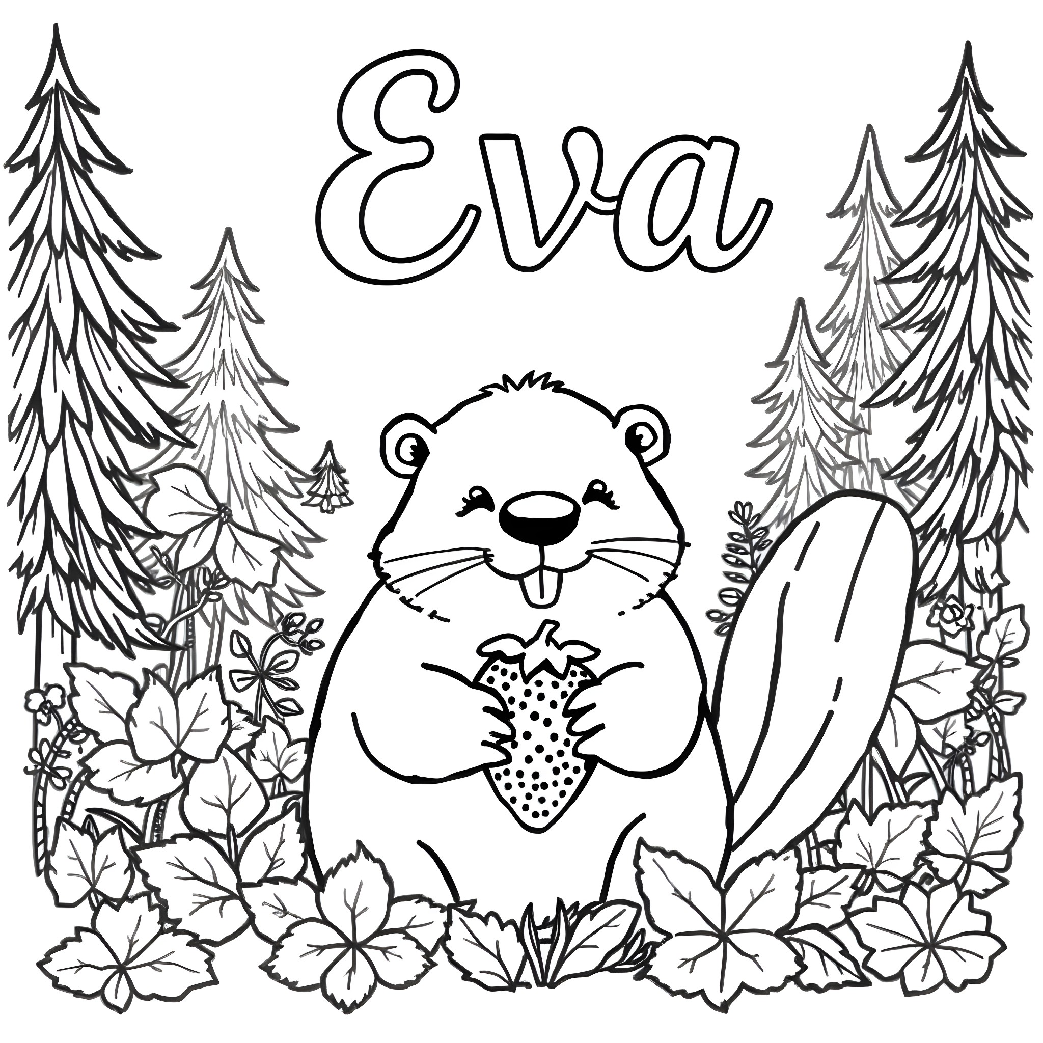 Beaver with berries in autumn forest Coloring Page (free black-and-white line drawing printable PDF for all, from beginners to advanced learners, including children, teens, adults, and seniors)