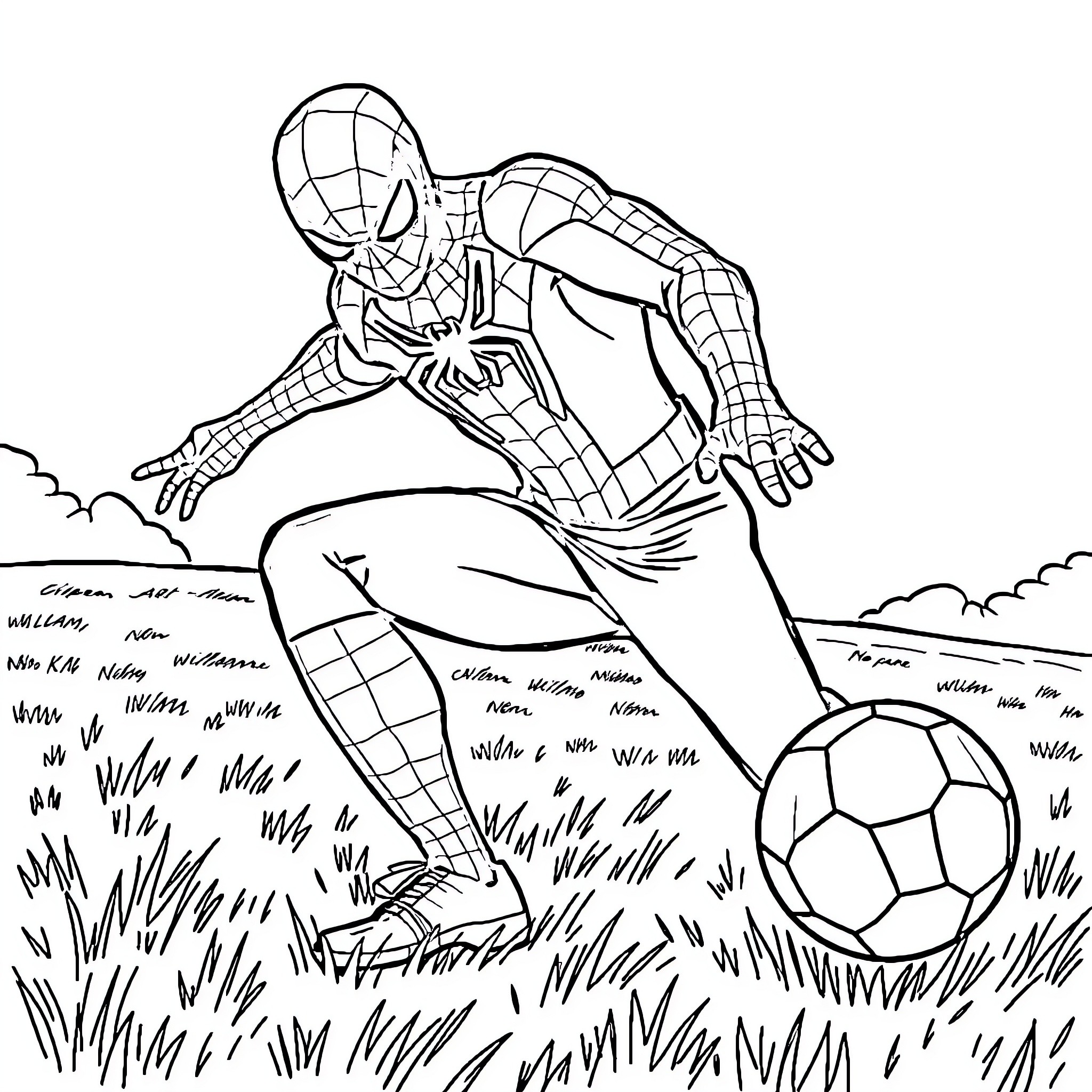 Spiderman kicking a soccer ball in a grassy field Coloring Page (free black-and-white line drawing printable PDF for all, from beginners to advanced learners, including children, teens, adults, and seniors)