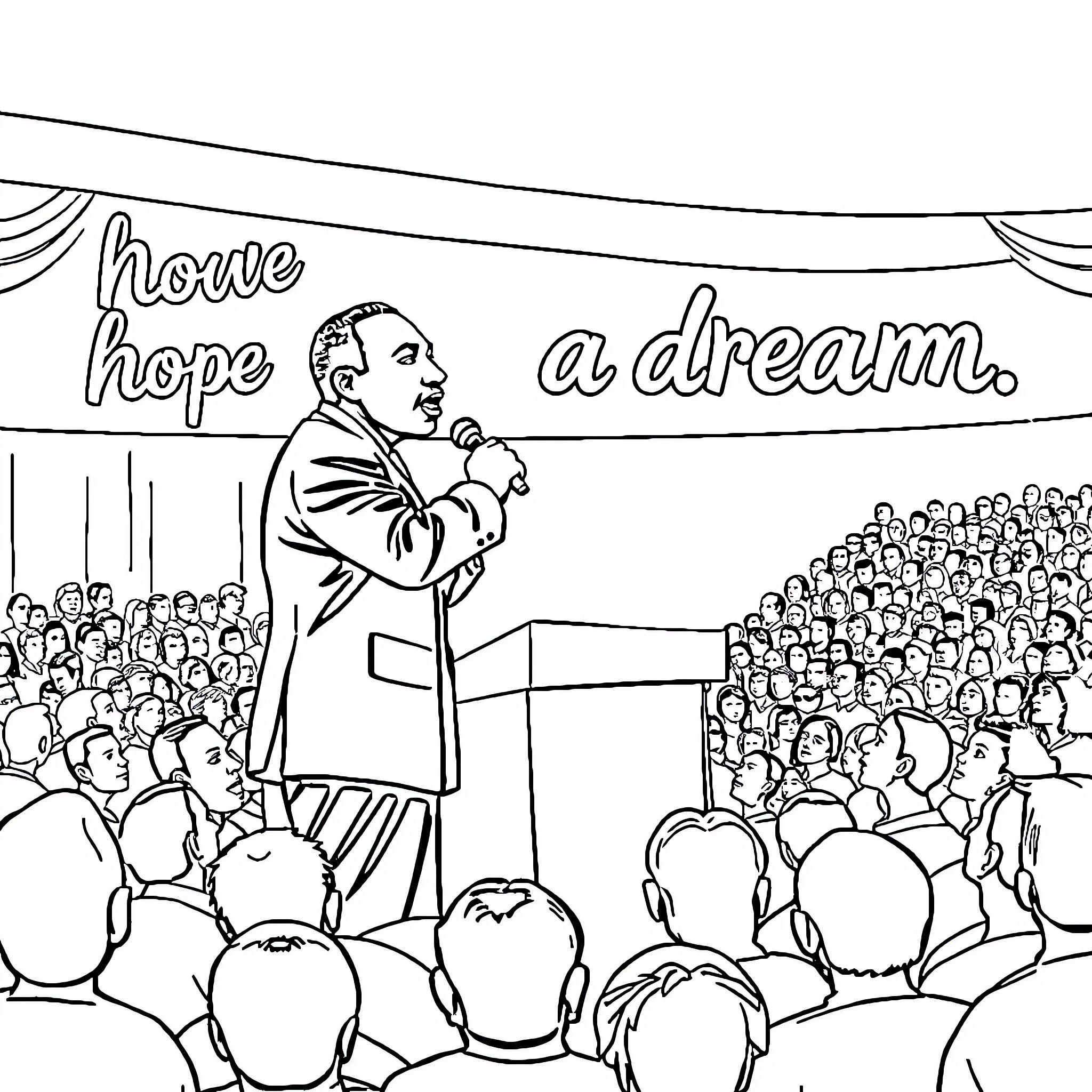 Martin Luther King Jr. Delivering an Inspirational Speech Coloring Page (free black-and-white line drawing printable PDF for all, from beginners to advanced learners, including children, teens, adults, and seniors)