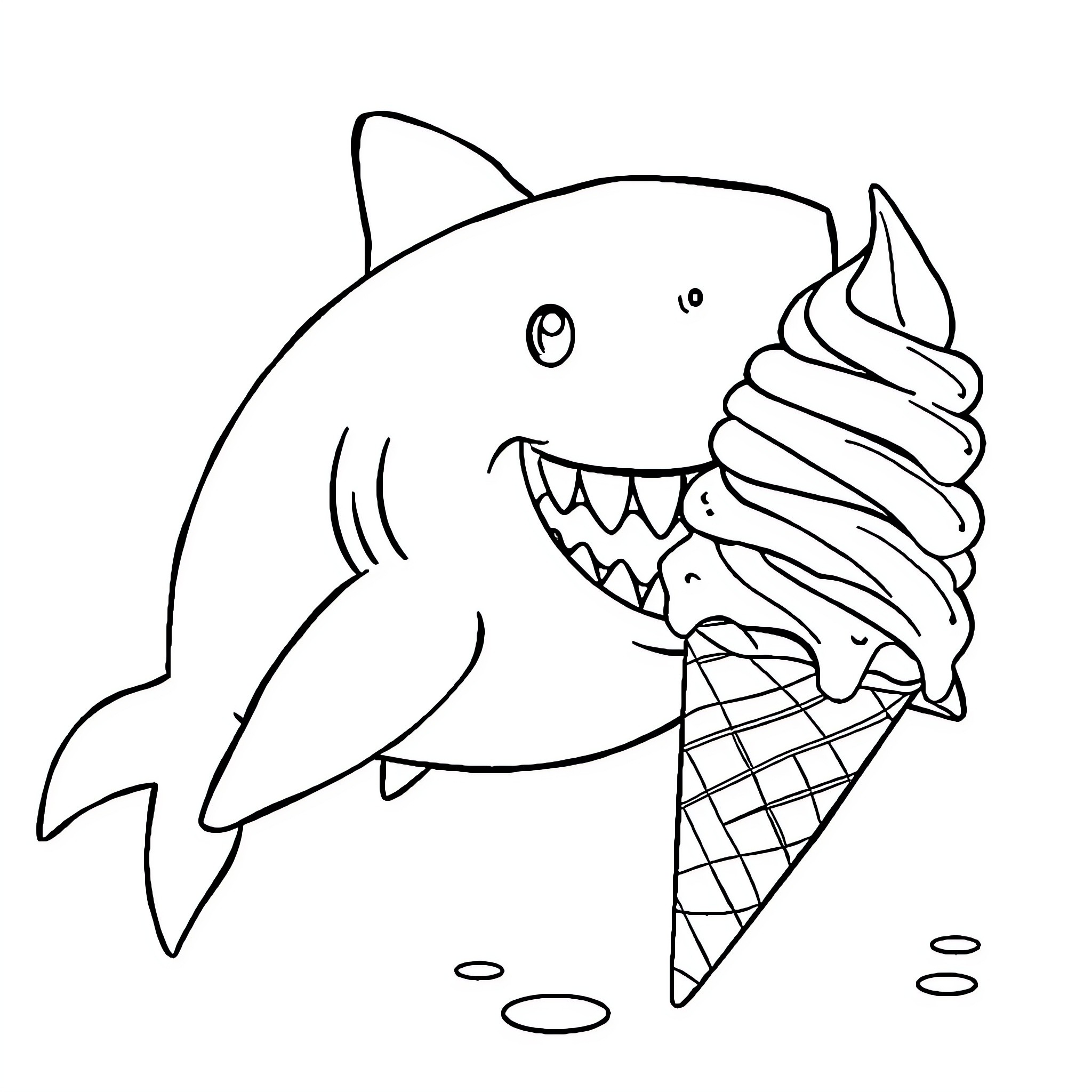 Shark enjoying delicious ice cream cone Coloring Page (free black-and-white line drawing printable PDF for all, from beginners to advanced learners, including children, teens, adults, and seniors)