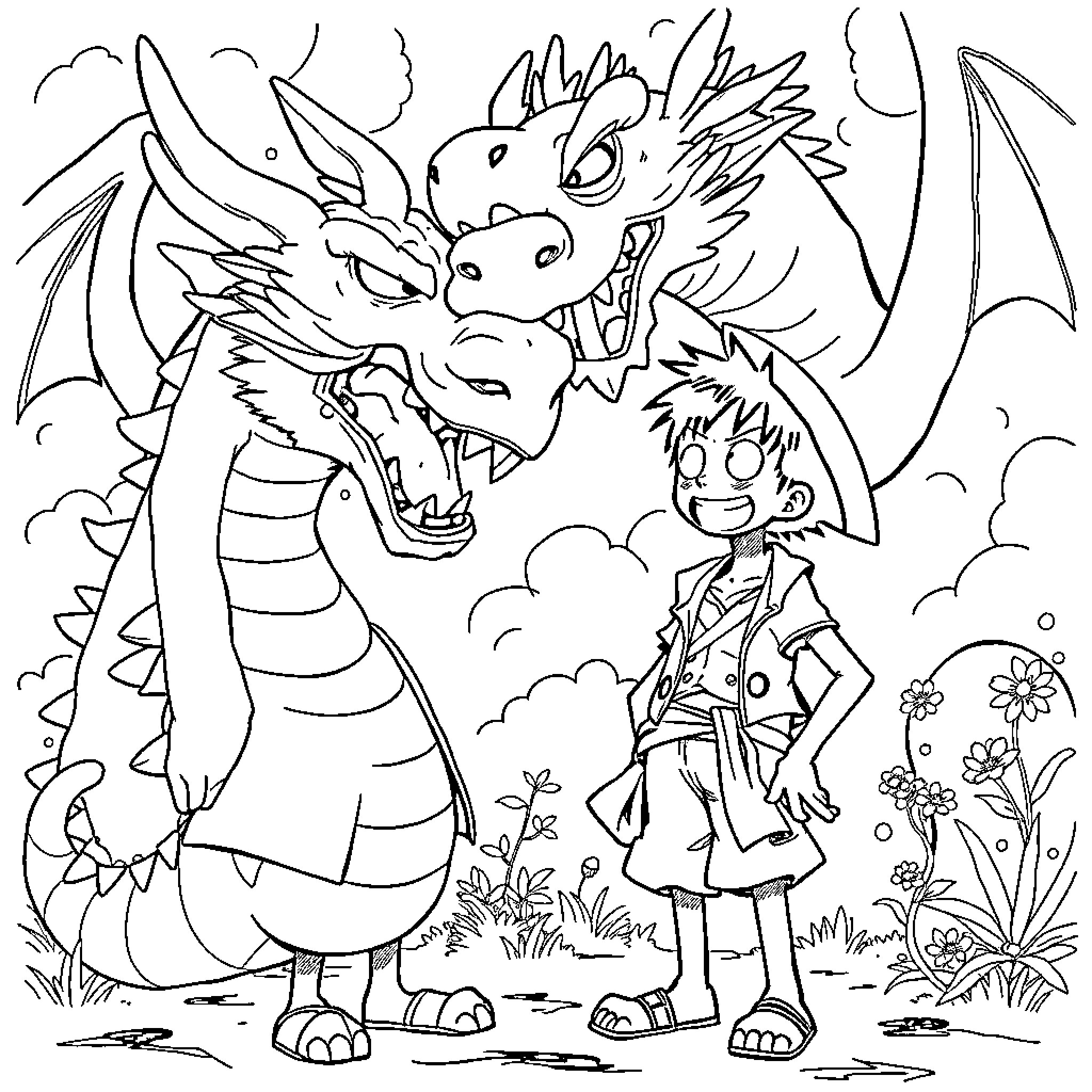 Luffy's Adventure with Fierce Dragon Coloring Page (free black-and-white line drawing printable PDF for all, from beginners to advanced learners, including children, teens, adults, and seniors)