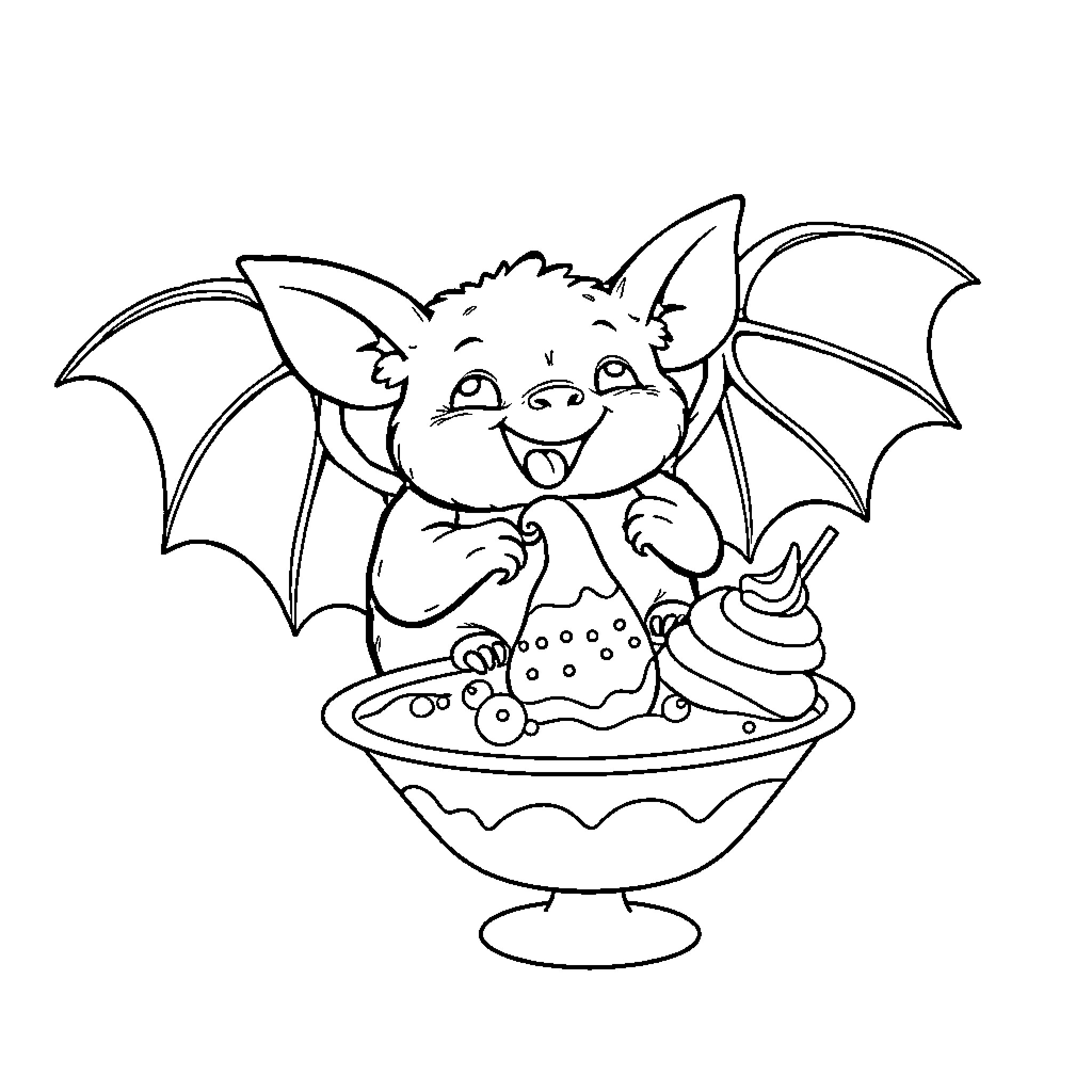 Bat enjoying a sweet treat in a cup Coloring Page (free black-and-white line drawing printable PDF for all, from beginners to advanced learners, including children, teens, adults, and seniors)