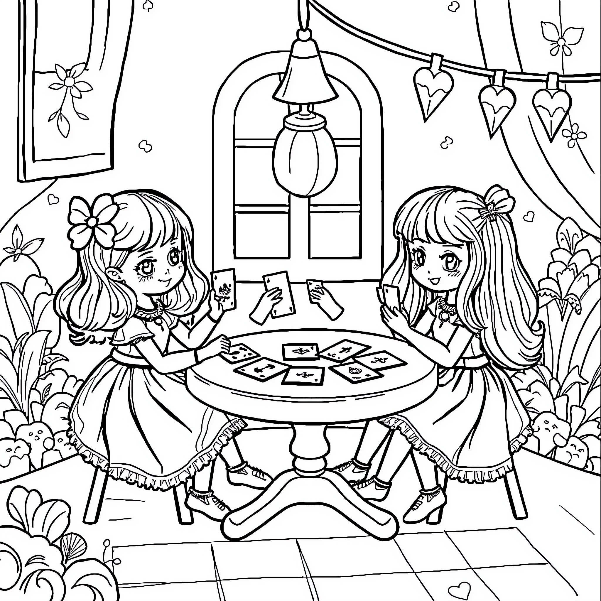 Doll Friends Playing Cards in Enchanted Room Coloring Page (free black-and-white line drawing printable PDF for all, from beginners to advanced learners, including children, teens, adults, and seniors)