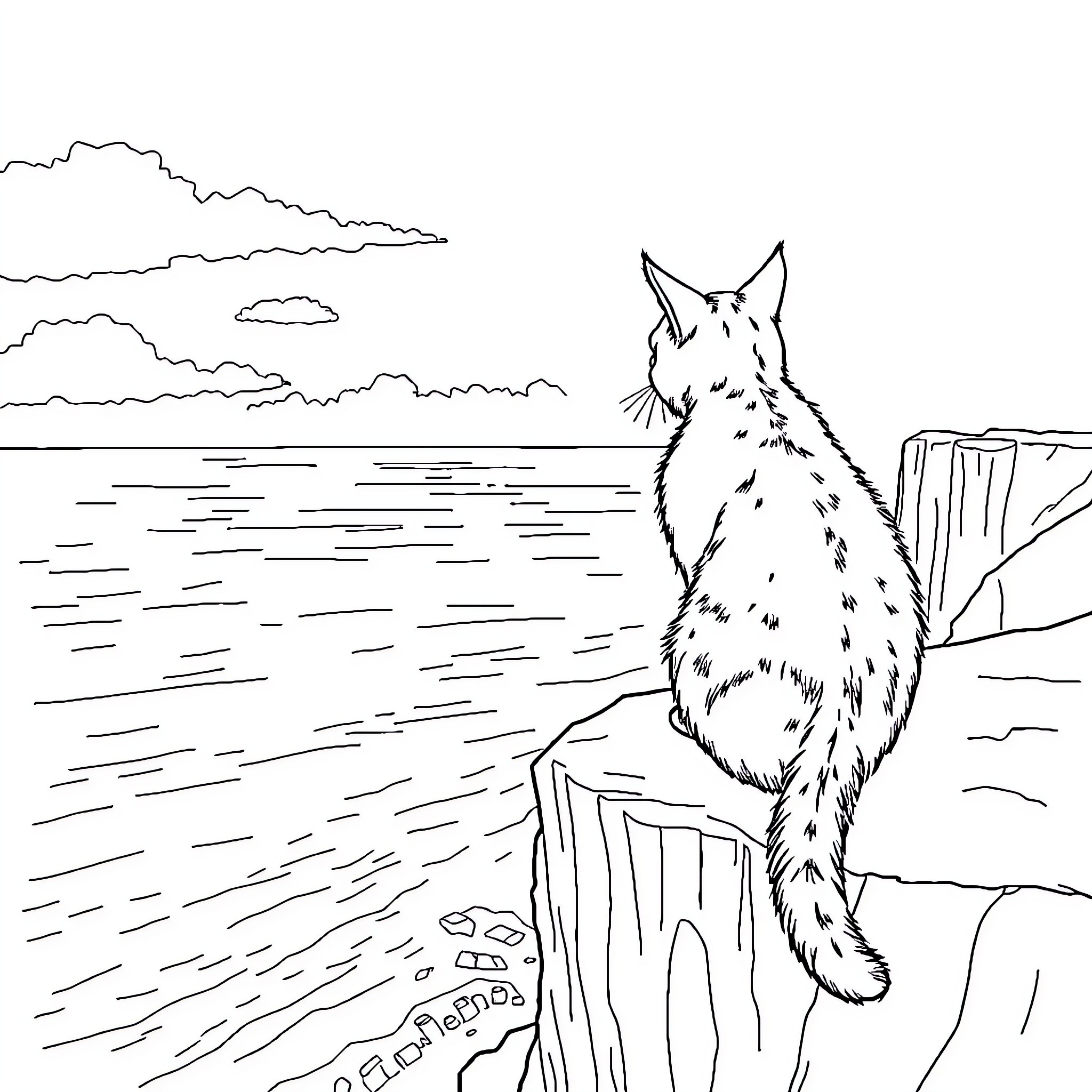 Cat gazing at the scenic landscape Coloring Page (free black-and-white line drawing printable PDF for all, from beginners to advanced learners, including children, teens, adults, and seniors)