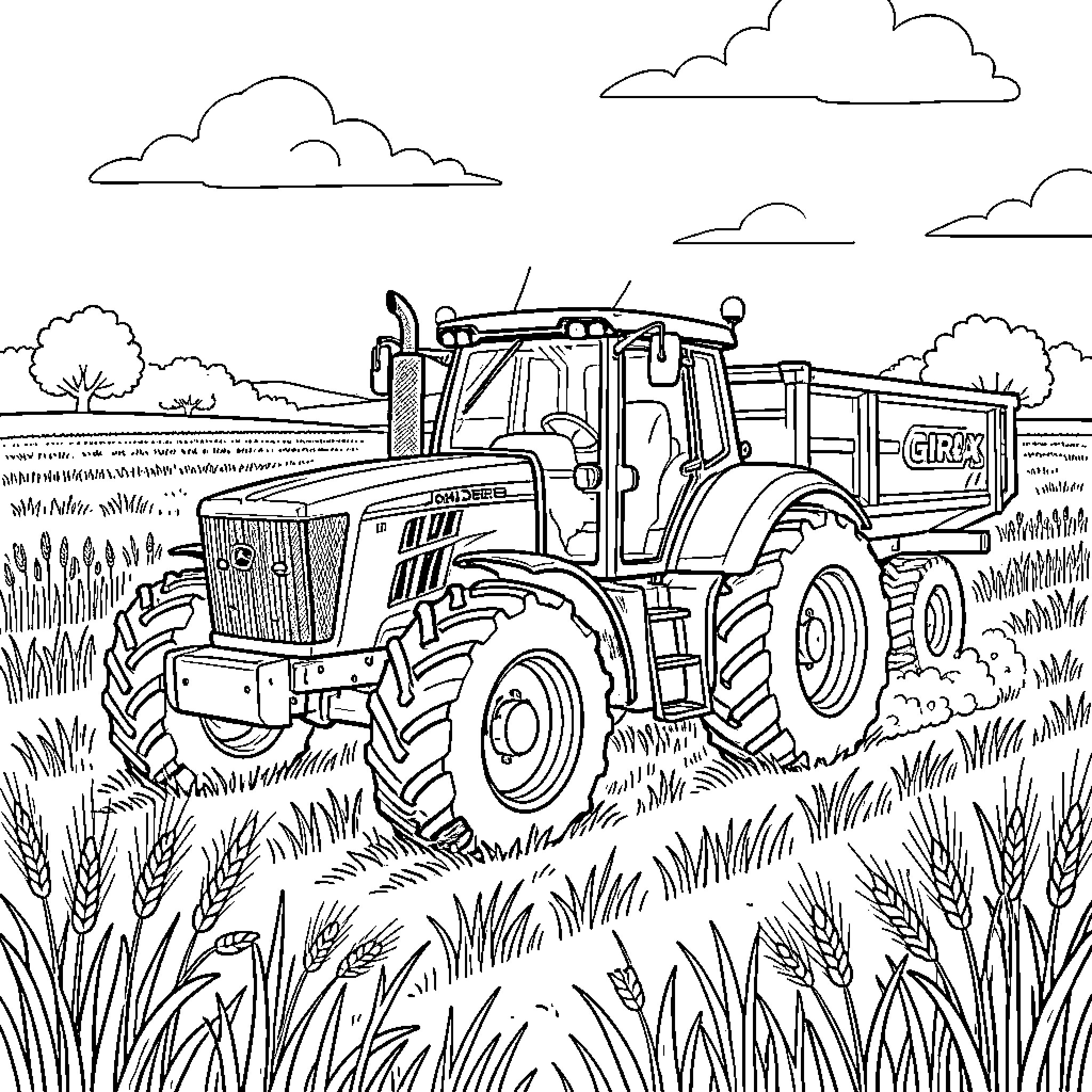 Tractor driving through a field of wheat Coloring Page (free black-and-white line drawing printable PDF for all, from beginners to advanced learners, including children, teens, adults, and seniors)