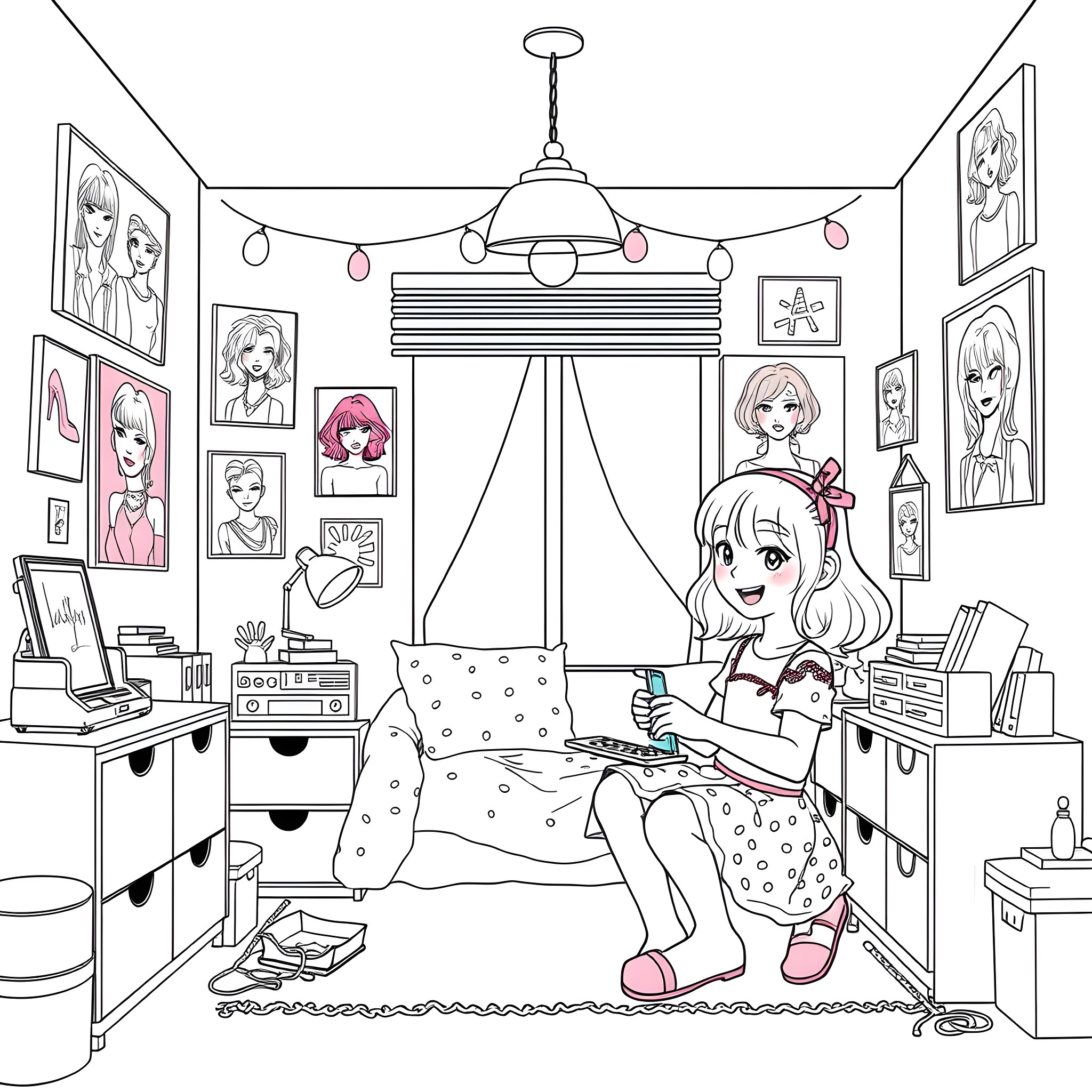 Girl Enjoying Cozy Bedroom with Artwork Coloring Page (free black-and-white line drawing printable PDF for all, from beginners to advanced learners, including children, teens, adults, and seniors)
