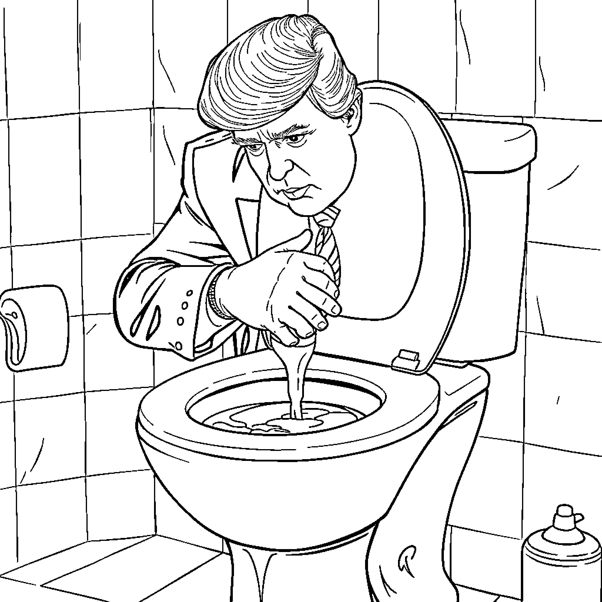 Trump flushing his legacy down the toilet Coloring Page (free black-and-white line drawing printable PDF for all, from beginners to advanced learners, including children, teens, adults, and seniors)