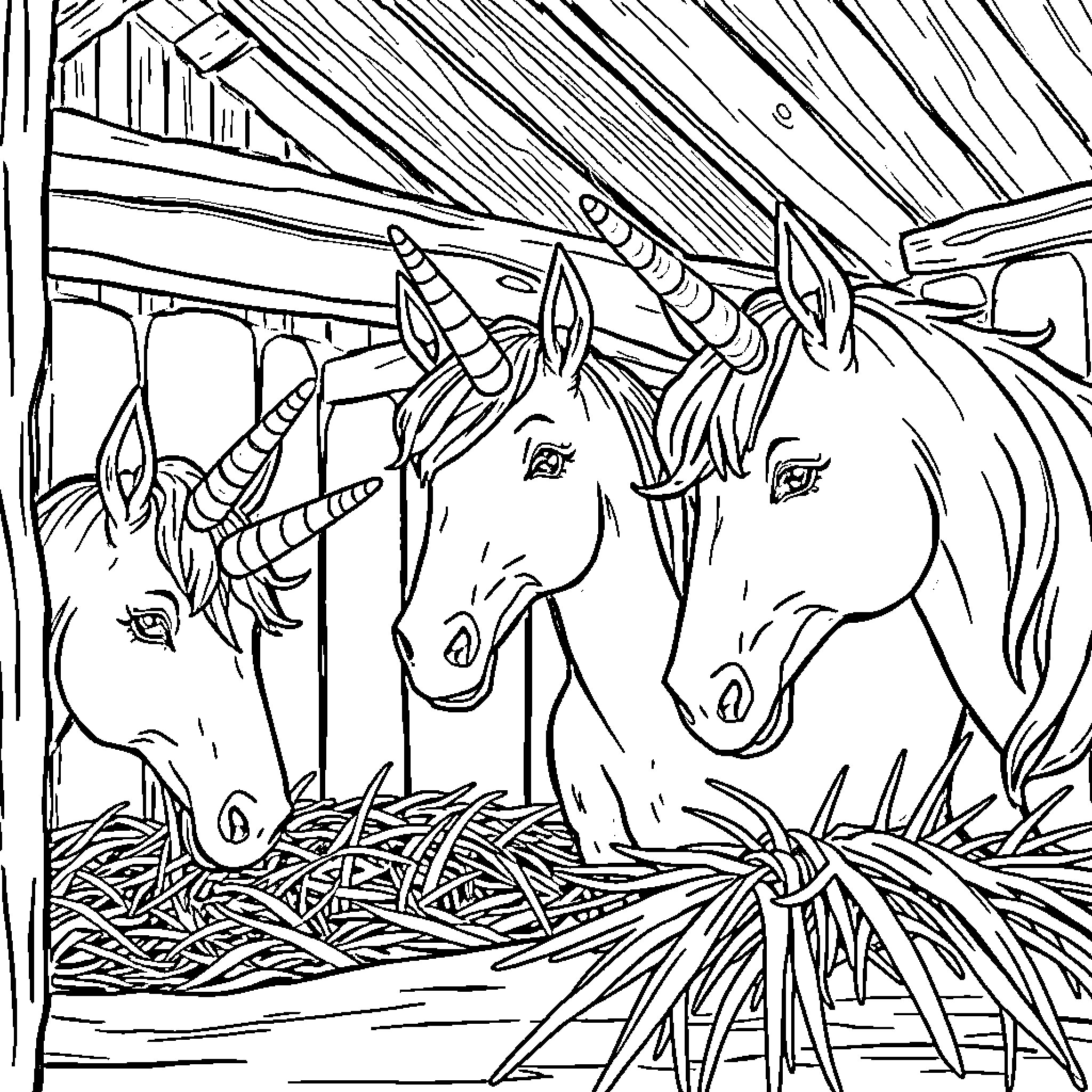 Unicorn Siblings in Rustic Stable Coloring Page (free black-and-white line drawing printable PDF for all, from beginners to advanced learners, including children, teens, adults, and seniors)