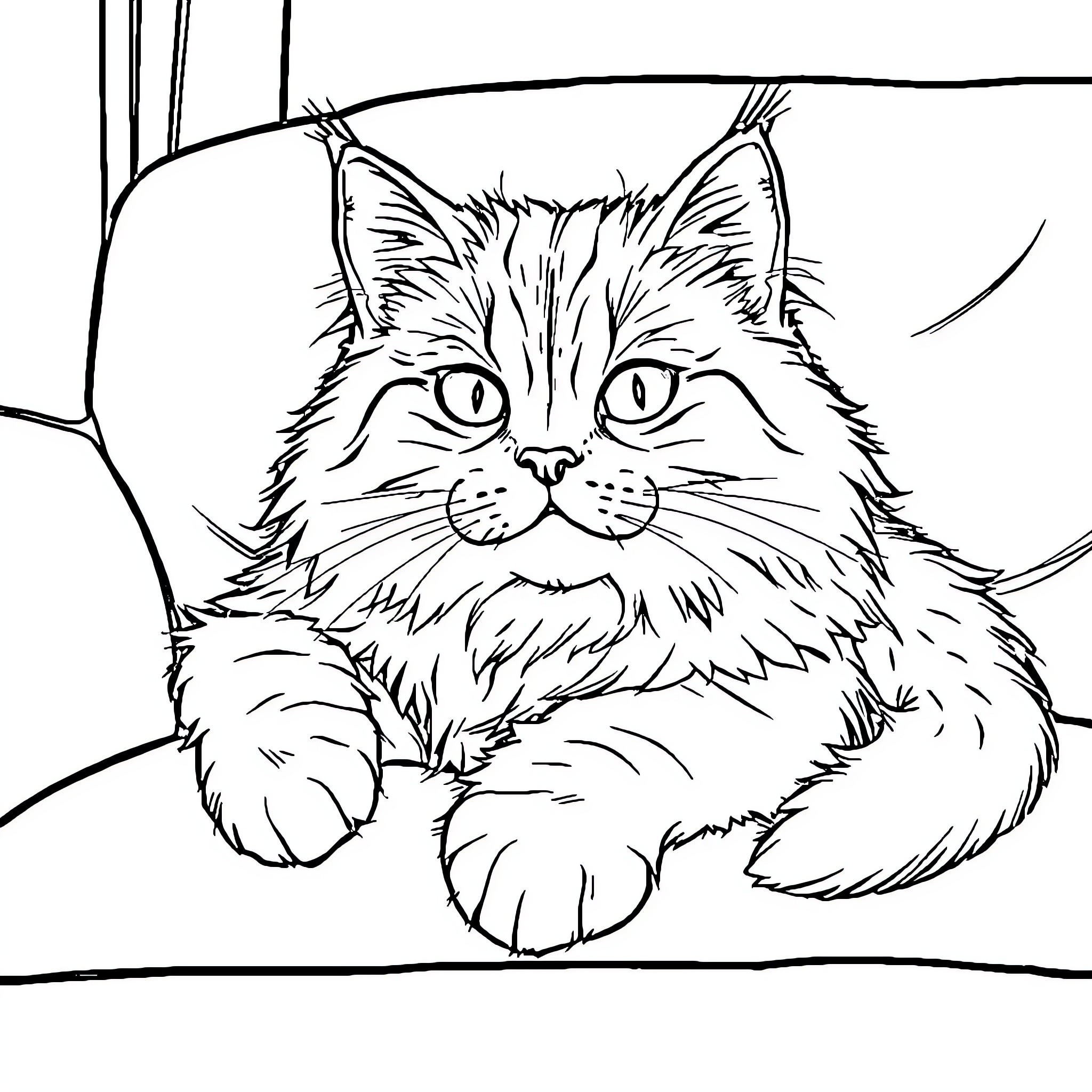 Cat staring attentively with fluffy fur Coloring Page (free black-and-white line drawing printable PDF for all, from beginners to advanced learners, including children, teens, adults, and seniors)