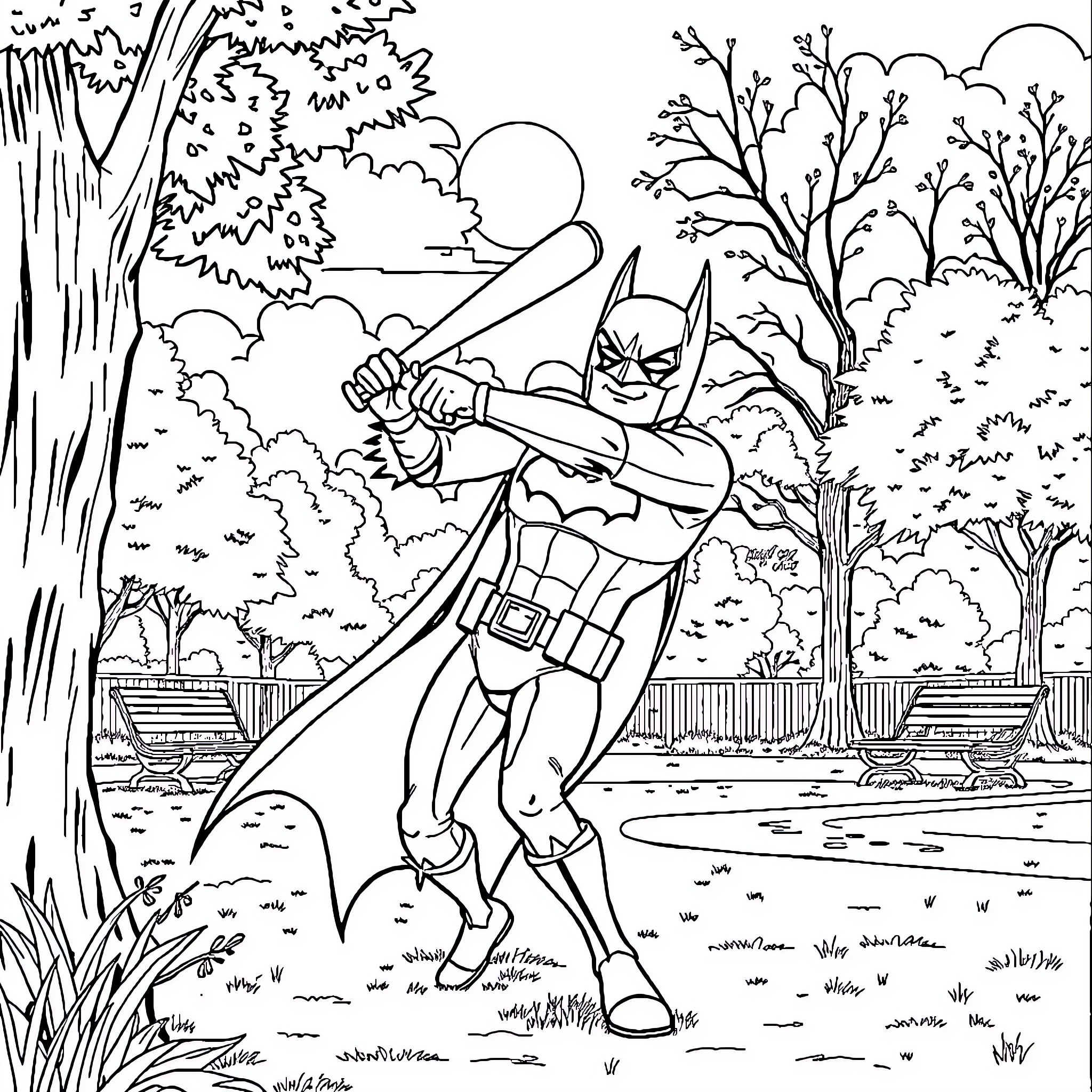 Batman Battling in the Enchanted Forest Coloring Page (free black-and-white line drawing printable PDF for all, from beginners to advanced learners, including children, teens, adults, and seniors)
