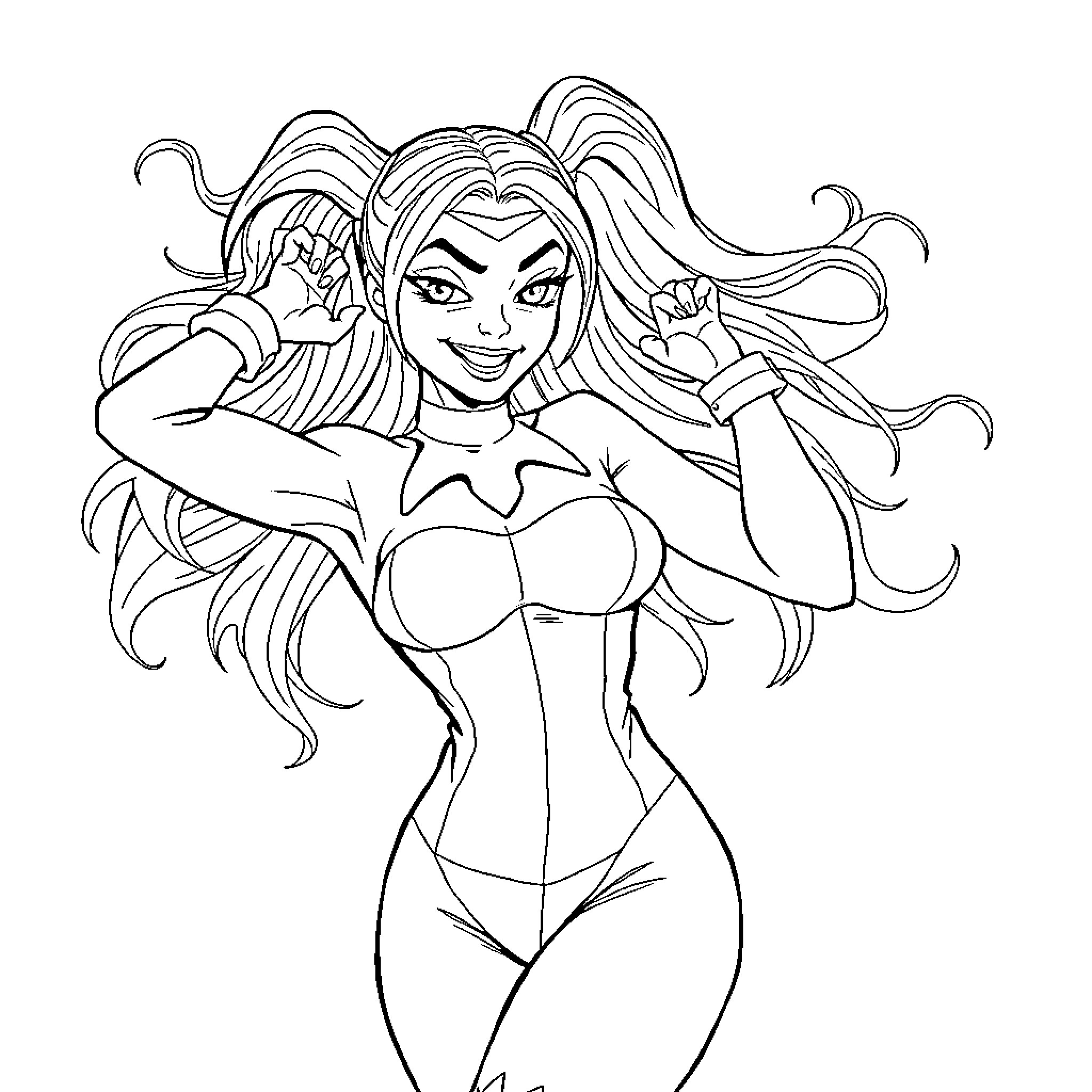 Harley Quinn striking a confident pose Coloring Page (free black-and-white line drawing printable PDF for all, from beginners to advanced learners, including children, teens, adults, and seniors)