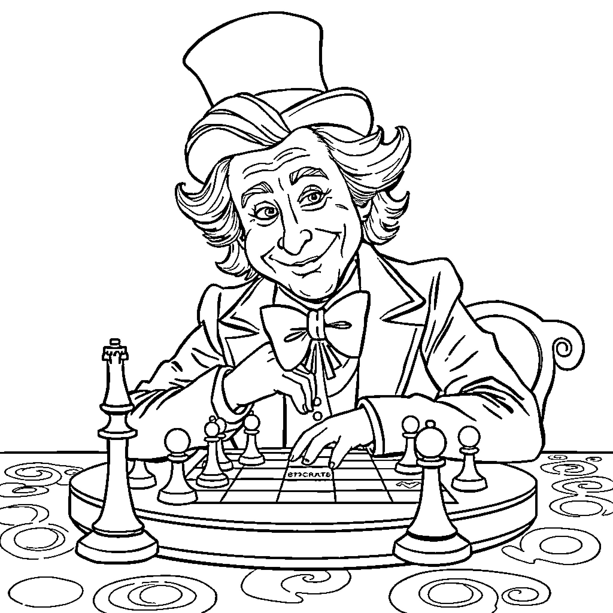 Willy Wonka playing a game of chess Coloring Page (free black-and-white line drawing printable PDF for all, from beginners to advanced learners, including children, teens, adults, and seniors)