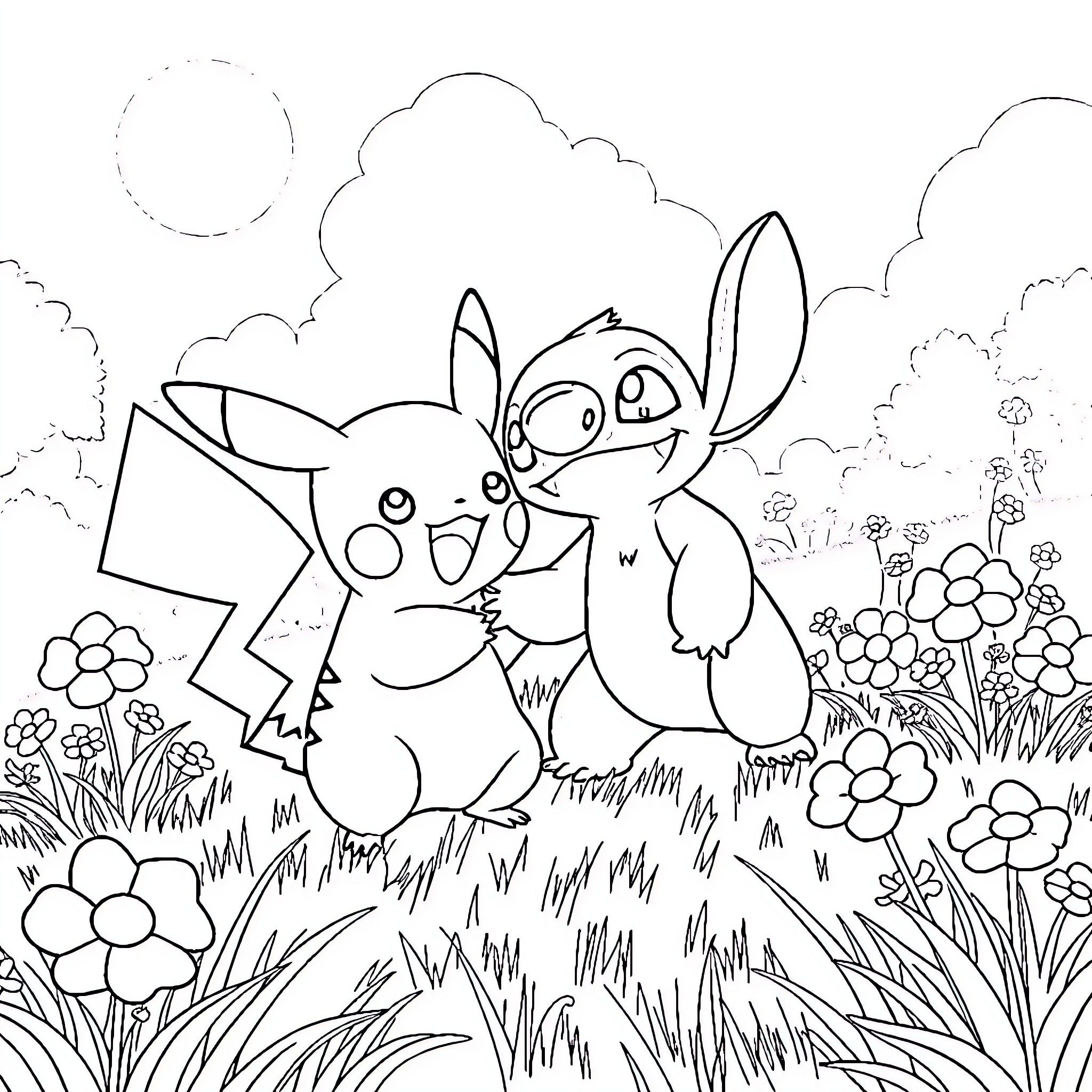 Pikachu and Stitch playing in a flowery meadow Coloring Page (free black-and-white line drawing printable PDF for all, from beginners to advanced learners, including children, teens, adults, and seniors)