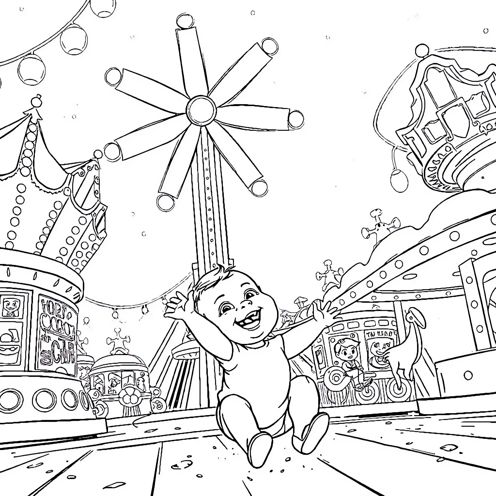 Saja Enjoys the Carnival Rides and Decorations Coloring Page (free black-and-white line drawing printable PDF for all, from beginners to advanced learners, including children, teens, adults, and seniors)