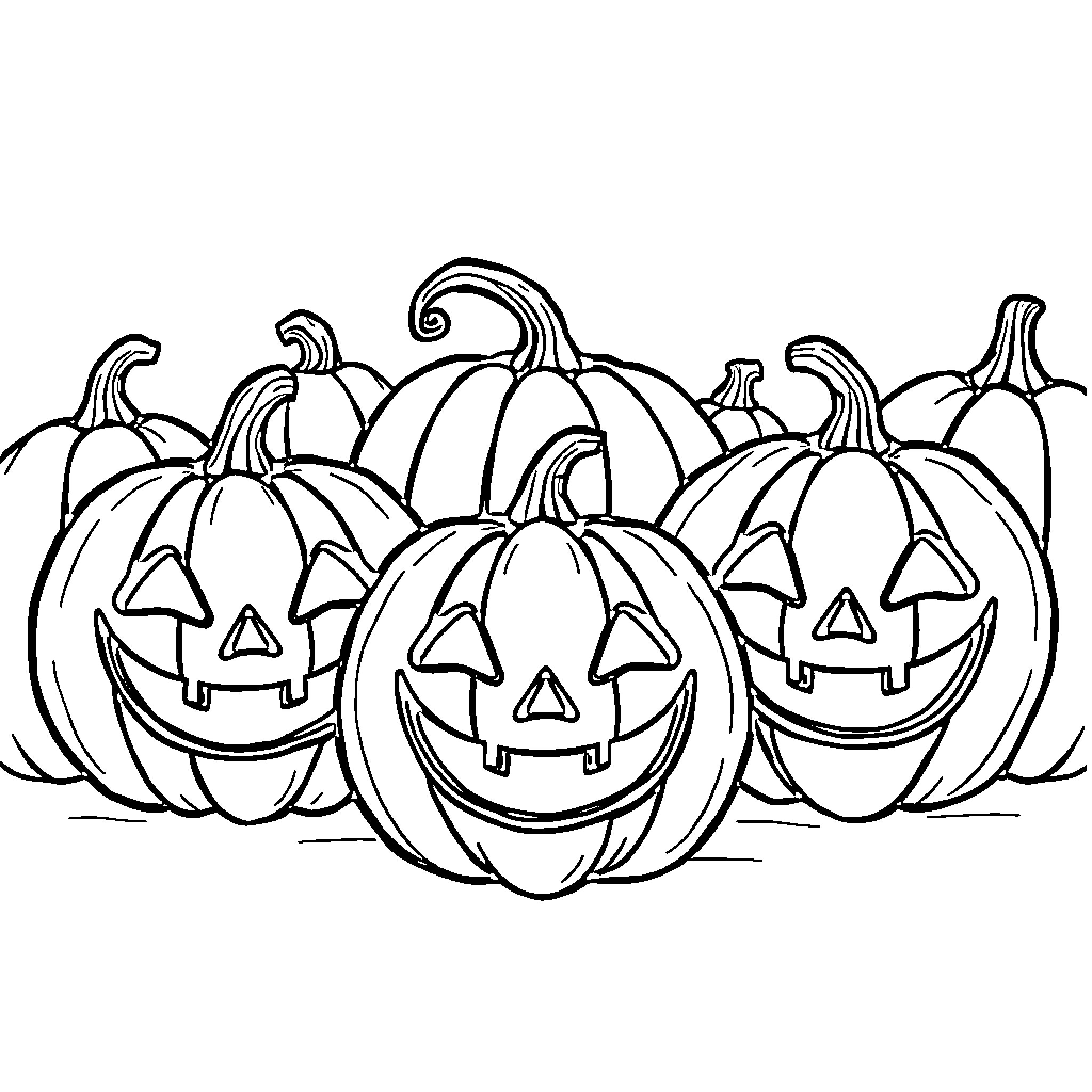 Pumpkins with carved faces in a field Coloring Page (free black-and-white line drawing printable PDF for all, from beginners to advanced learners, including children, teens, adults, and seniors)