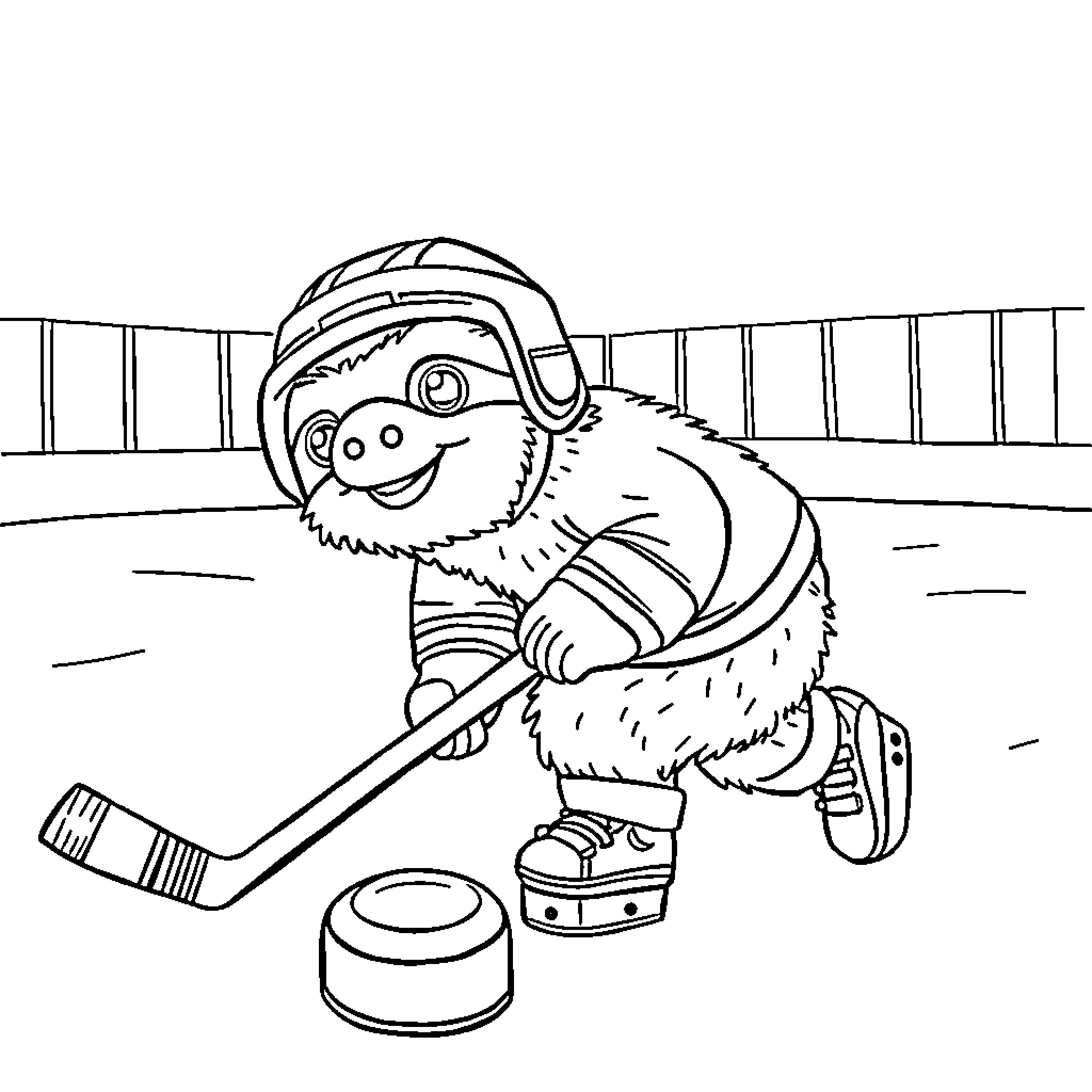Sloth playing hockey on ice rink Coloring Page (free black-and-white line drawing printable PDF for all, from beginners to advanced learners, including children, teens, adults, and seniors)