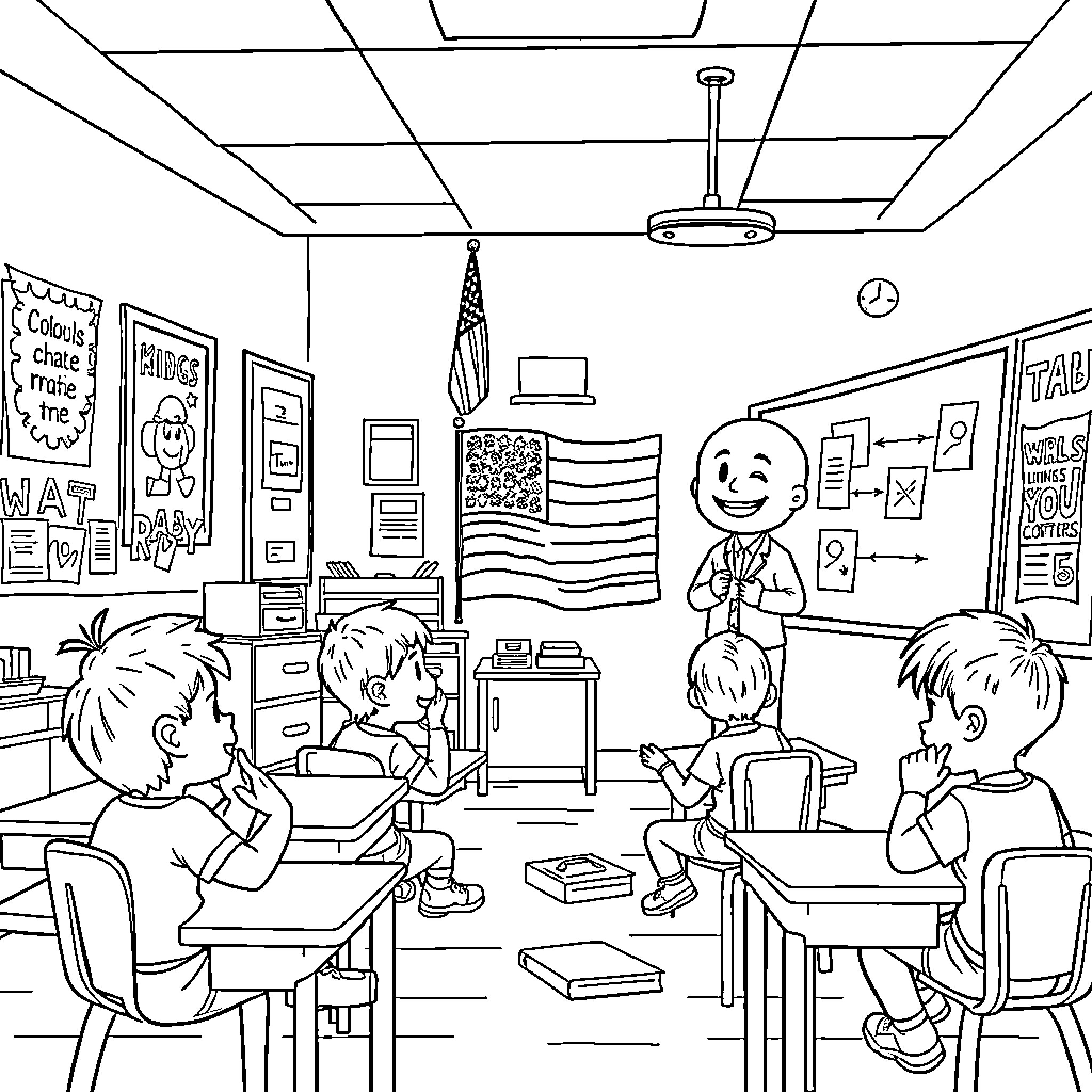 Classroom with Students and Teacher Interacting Coloring Page (free black-and-white line drawing printable PDF for all, from beginners to advanced learners, including children, teens, adults, and seniors)