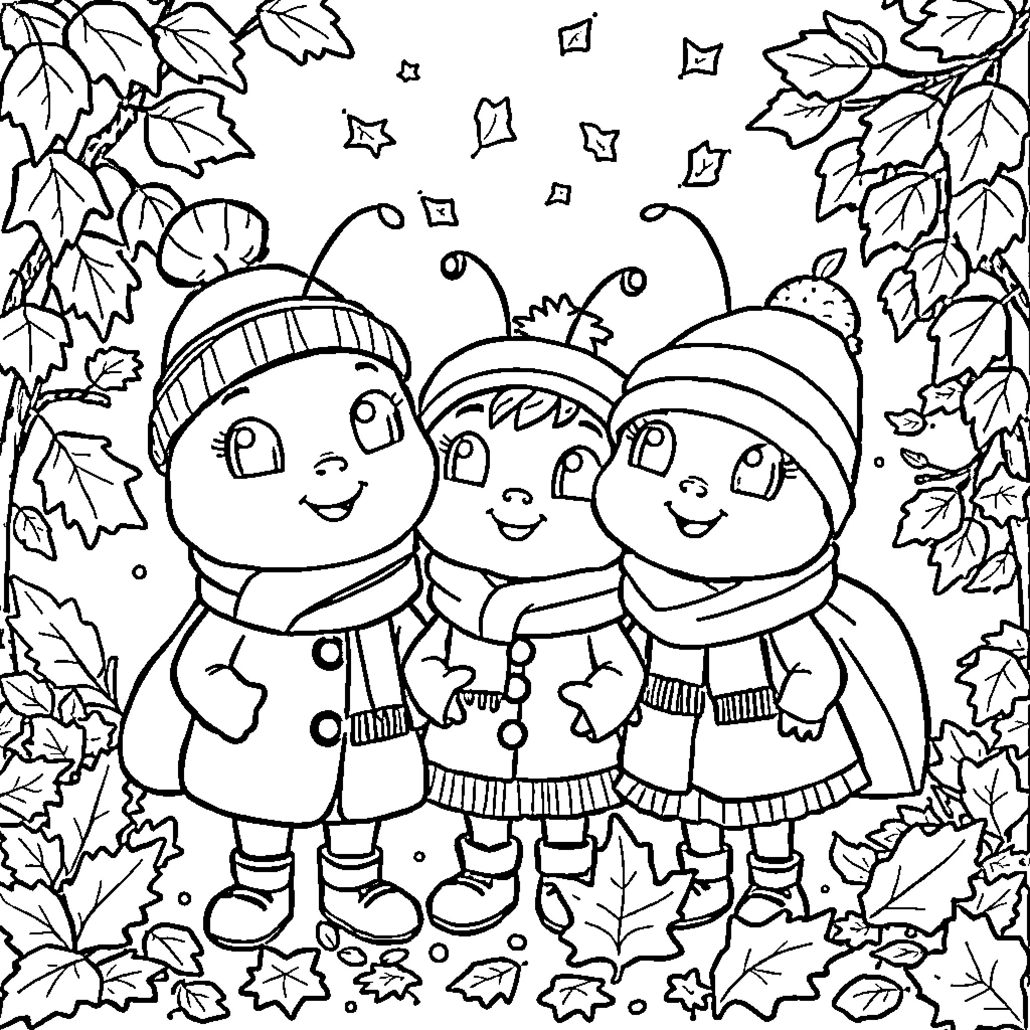 Paw Patrol characters having fun in the autumn leaves Coloring Page (free black-and-white line drawing printable PDF for all, from beginners to advanced learners, including children, teens, adults, and seniors)