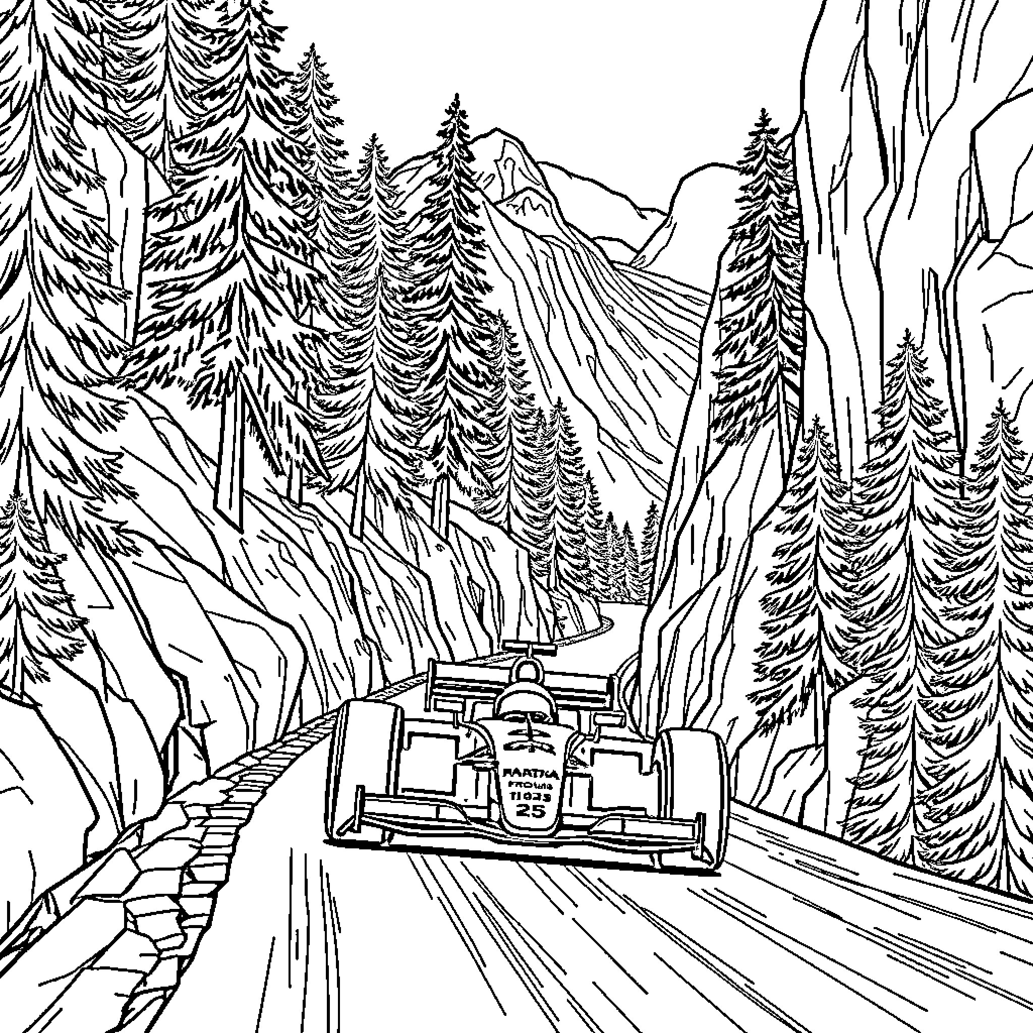 F1 Car racing through mountainous forest landscape Coloring Page (free black-and-white line drawing printable PDF for all, from beginners to advanced learners, including children, teens, adults, and seniors)