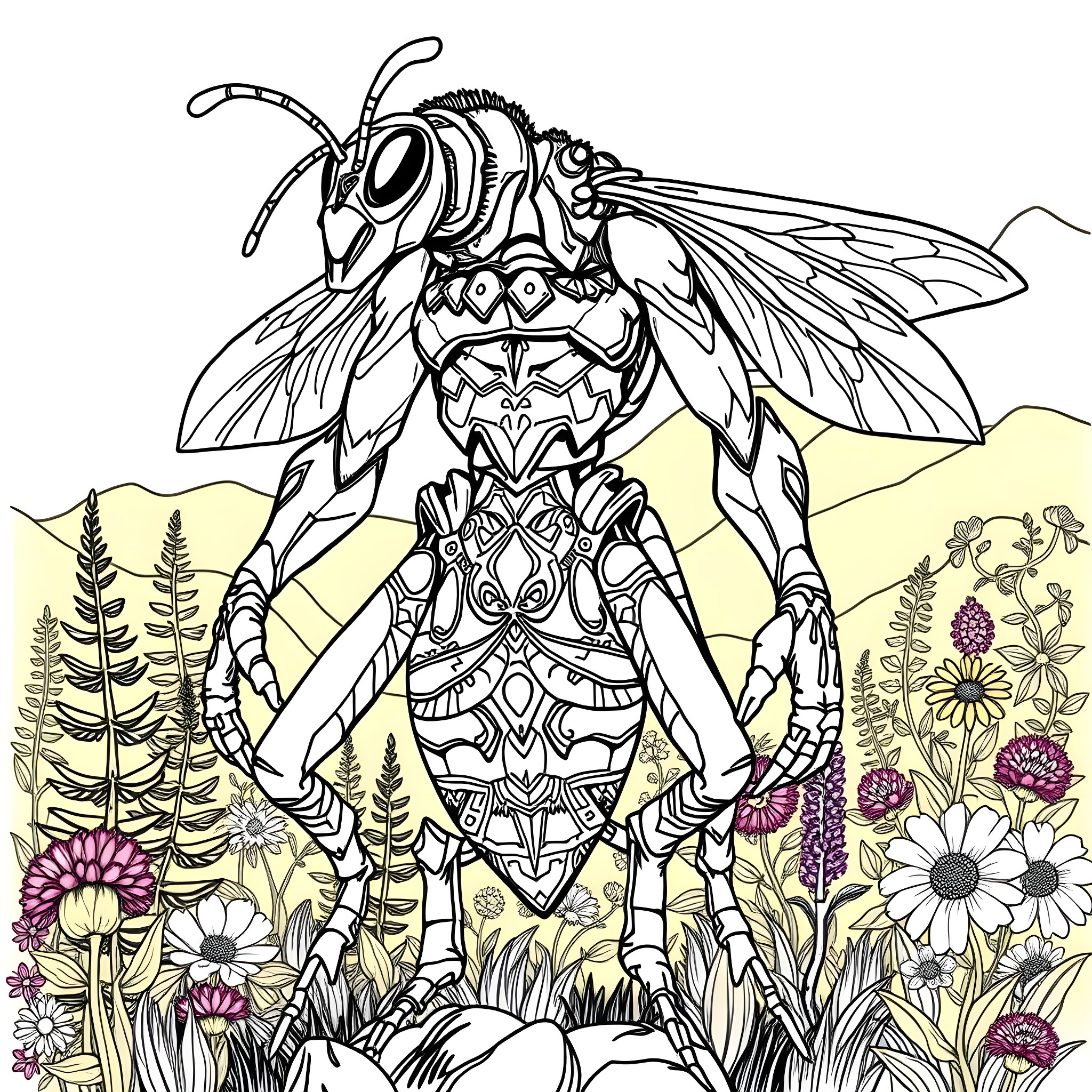 Wasp adorned with intricate patterns in a floral field Coloring Page (free black-and-white line drawing printable PDF for all, from beginners to advanced learners, including children, teens, adults, and seniors)
