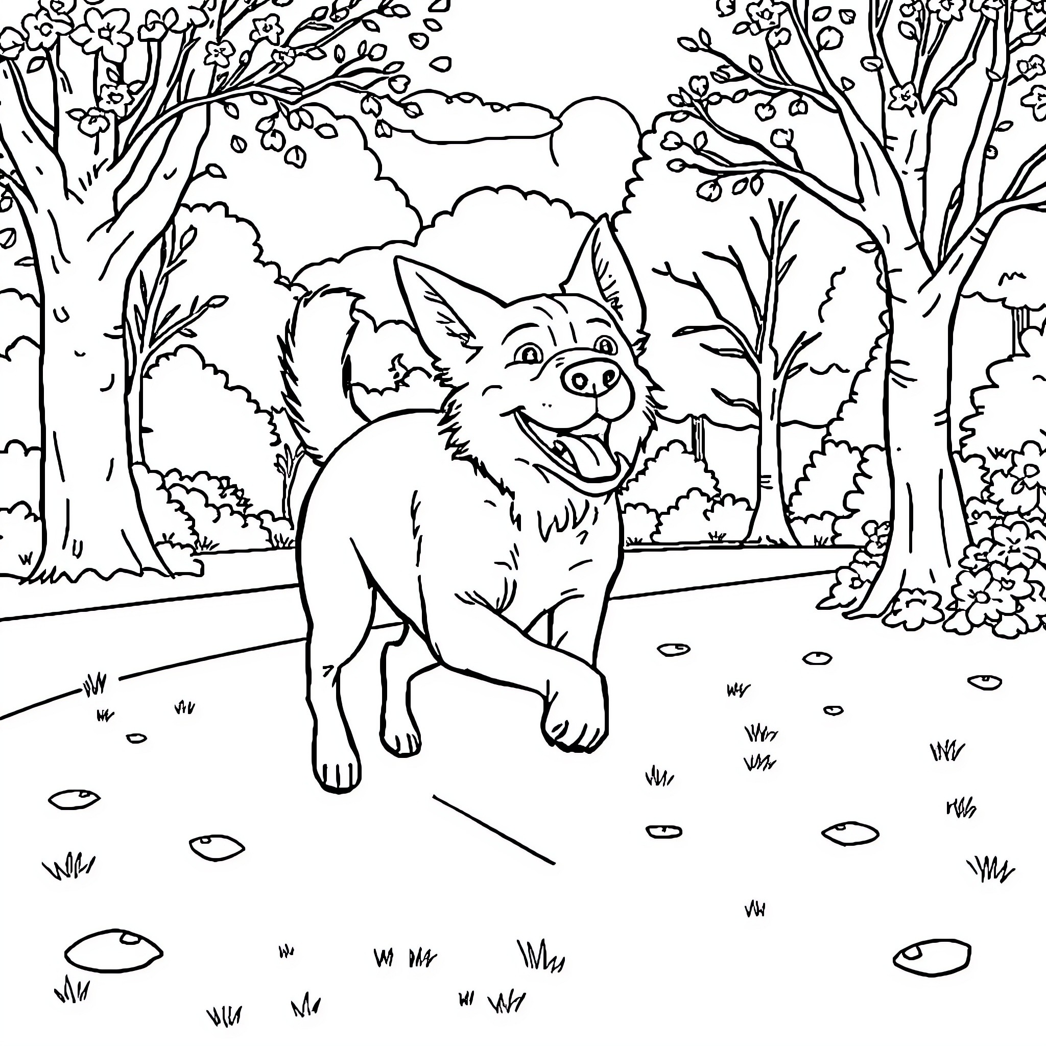 Dog happily exploring the forest landscape Coloring Page (free black-and-white line drawing printable PDF for all, from beginners to advanced learners, including children, teens, adults, and seniors)