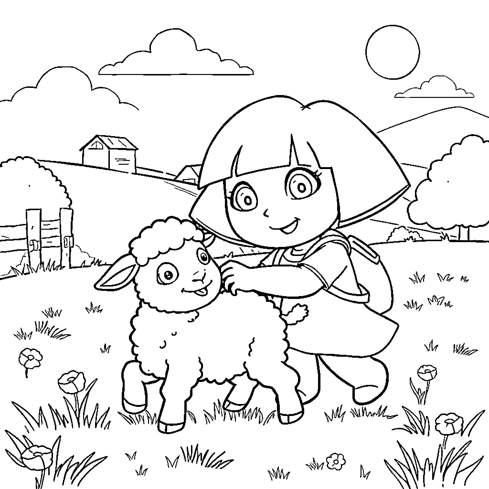 Dora exploring the countryside with her lamb friend Coloring Page (free black-and-white line drawing printable PDF for all, from beginners to advanced learners, including children, teens, adults, and seniors)
