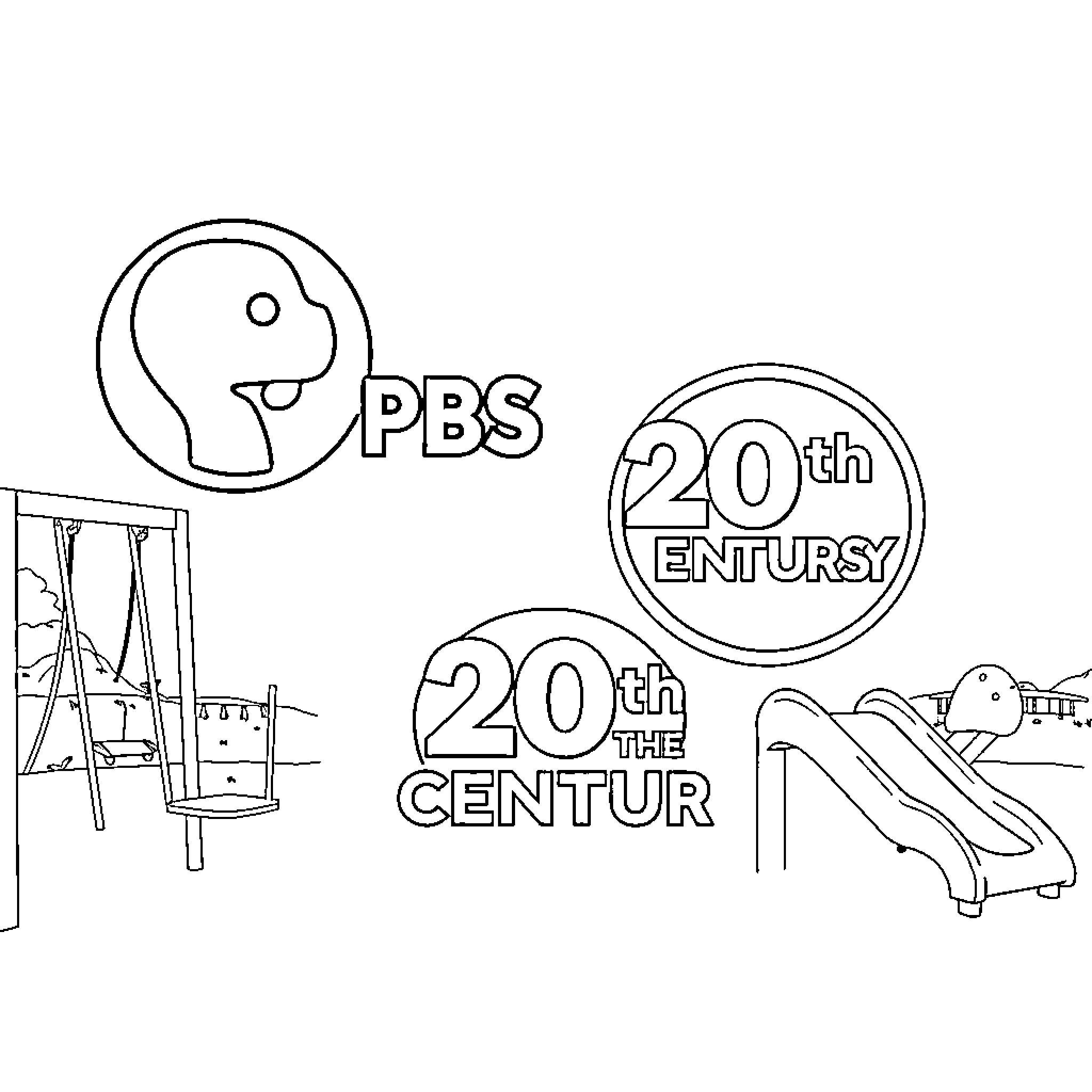 Logo depicting 20th century symbols and PBS branding Coloring Page (free black-and-white line drawing printable PDF for all, from beginners to advanced learners, including children, teens, adults, and seniors)
