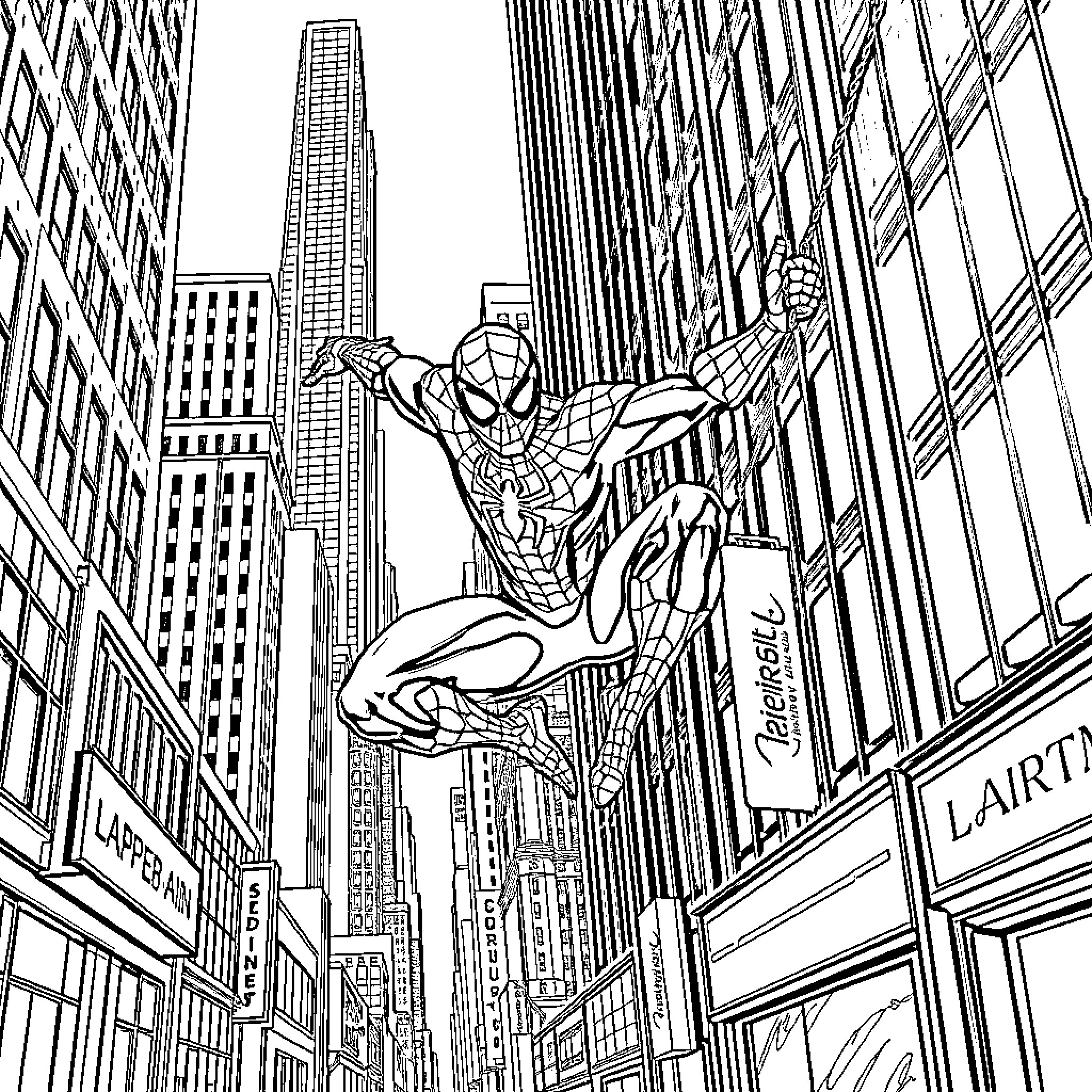 Spiderman swinging through the city skyline Coloring Page (free black-and-white line drawing printable PDF for all, from beginners to advanced learners, including children, teens, adults, and seniors)