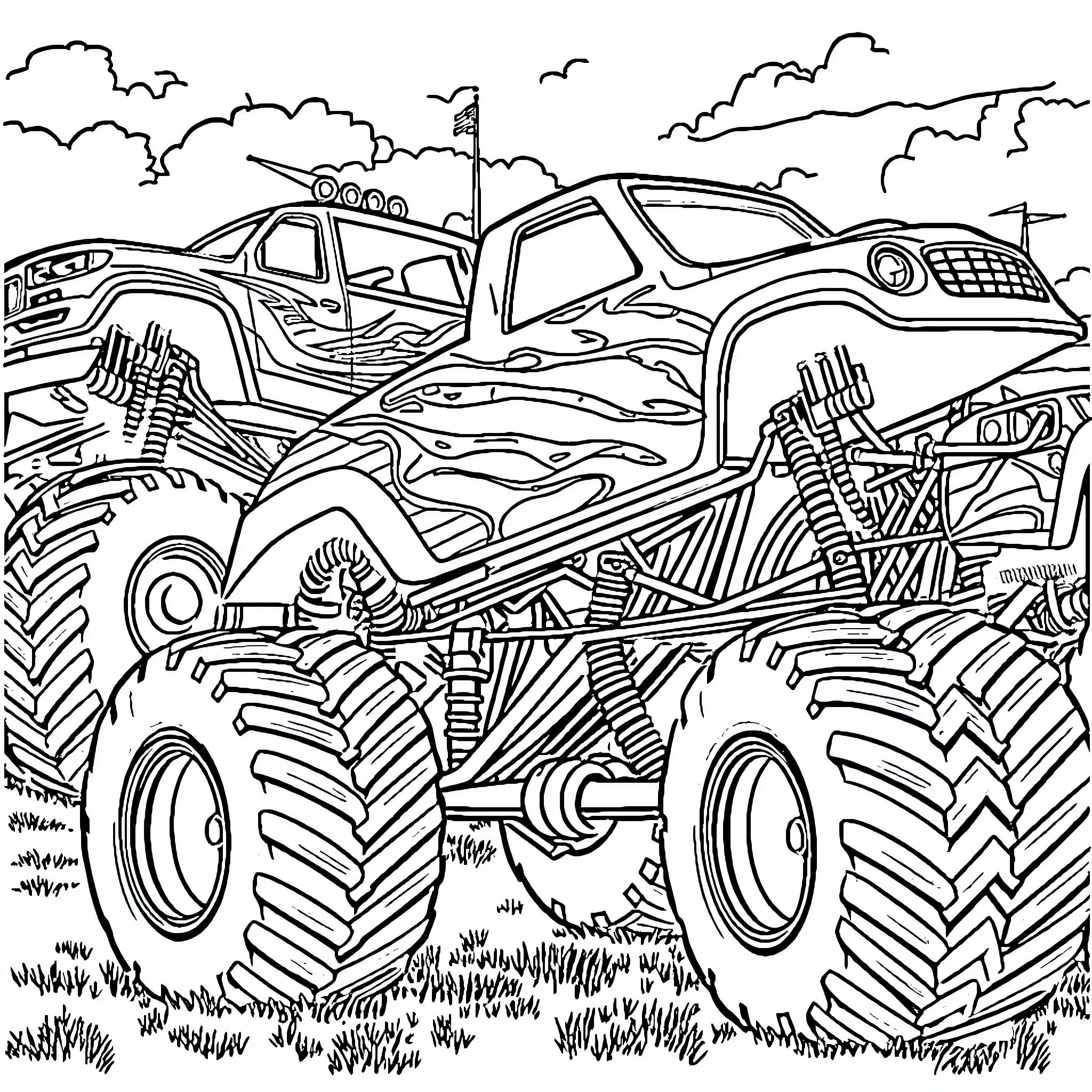 Monster Truck Crushing Through Rugged Terrain Coloring Page (free black-and-white line drawing printable PDF for all, from beginners to advanced learners, including children, teens, adults, and seniors)