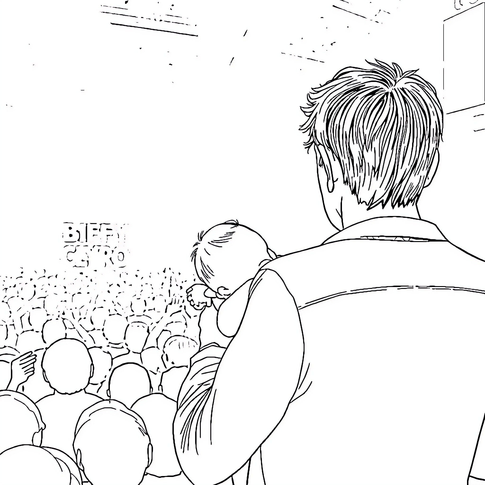 Baby overlooking a crowd from a distance Coloring Page (free black-and-white line drawing printable PDF for all, from beginners to advanced learners, including children, teens, adults, and seniors)